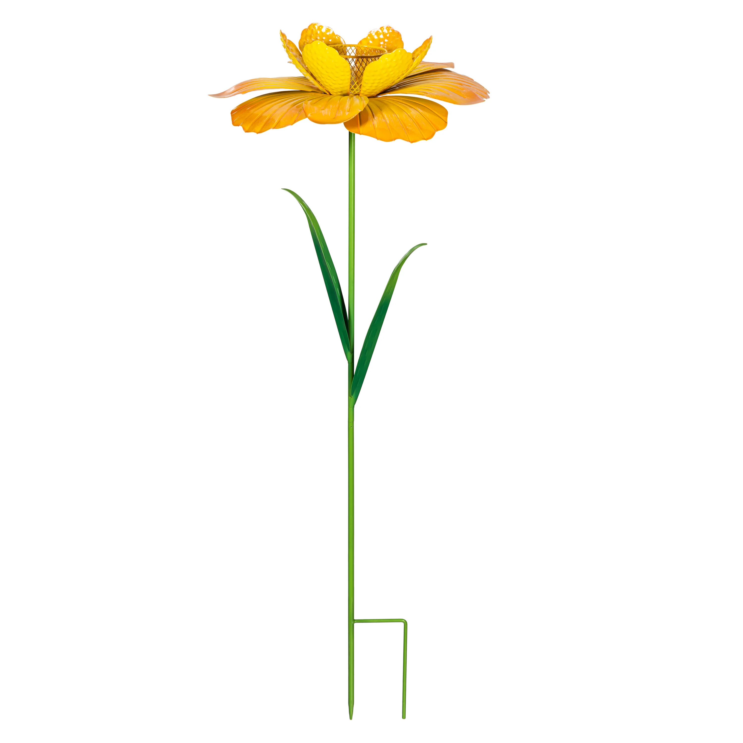 Metal Flower Garden Stake with Bird Feed, Yellow - Image 2