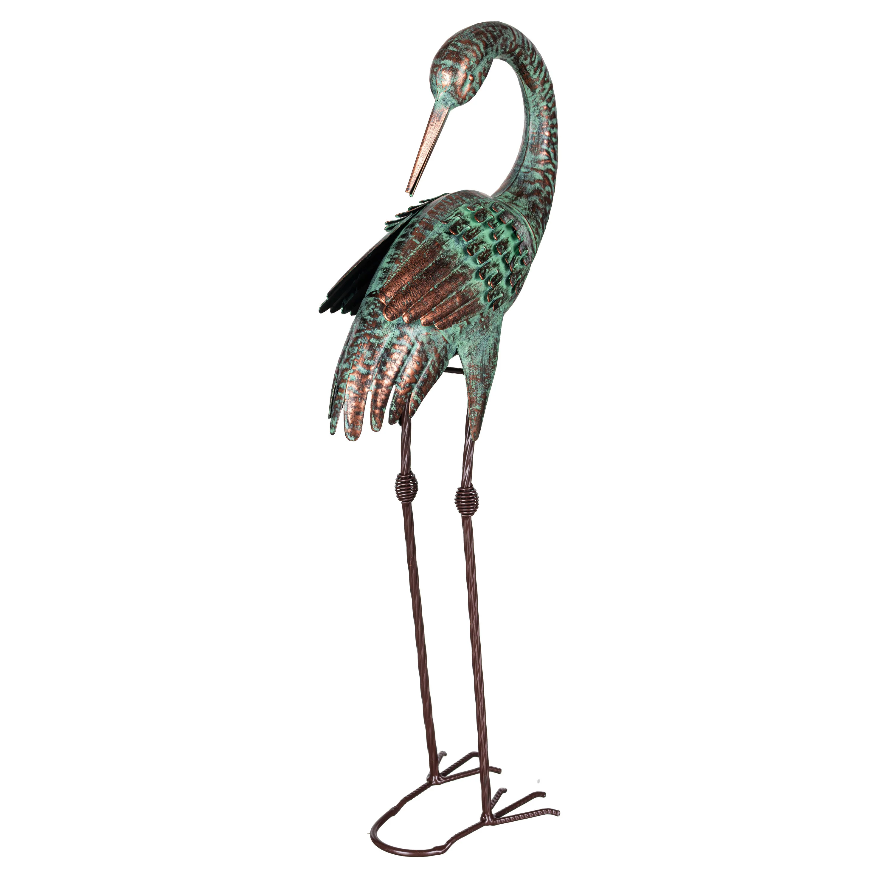Blue Coastal Garden Statue, Metal Verdigris Heron Statue, Looking Down, 26"H - Image 3