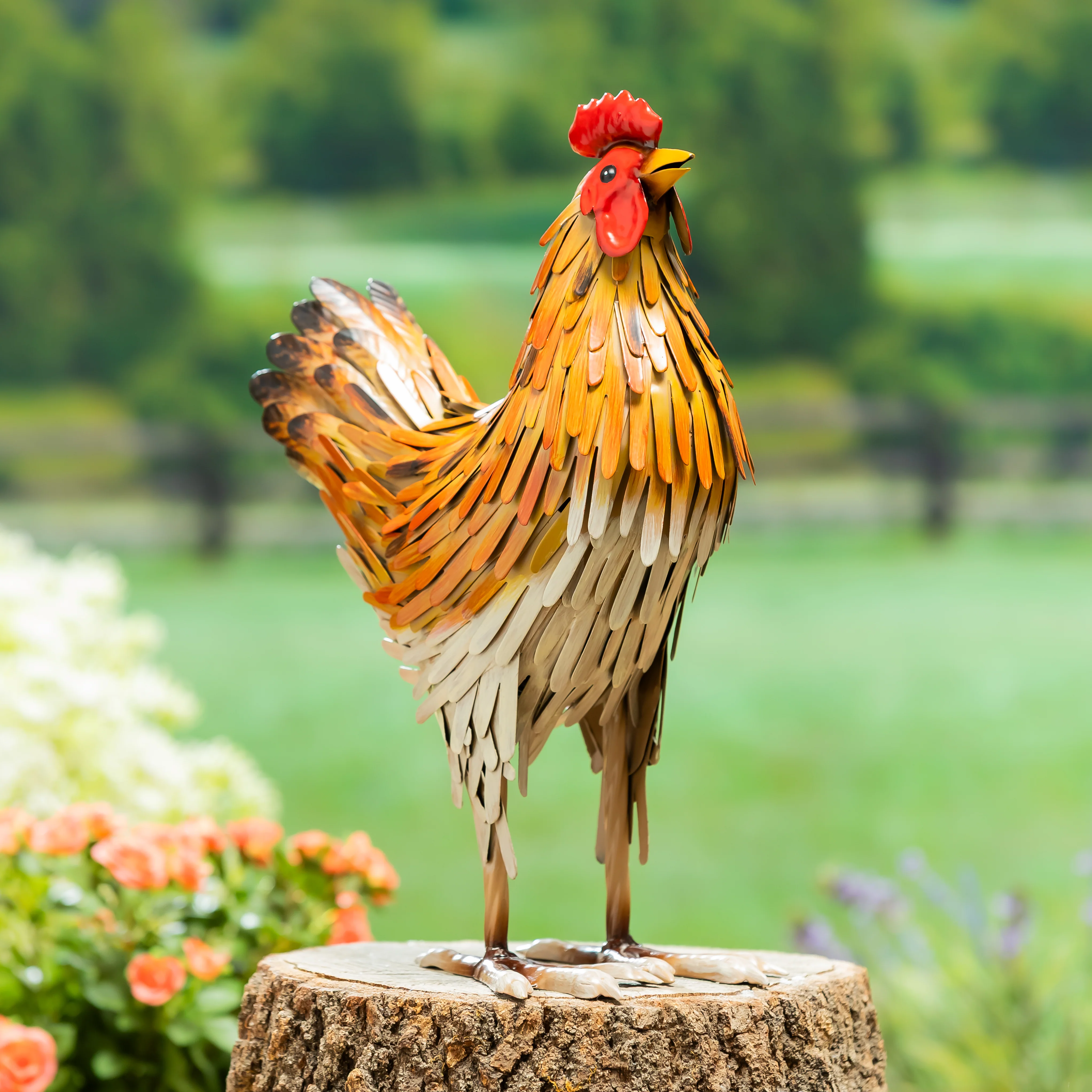 Petal & Plow Garden Statue, Metal Hen Statue, Brown Feathers, 14"H