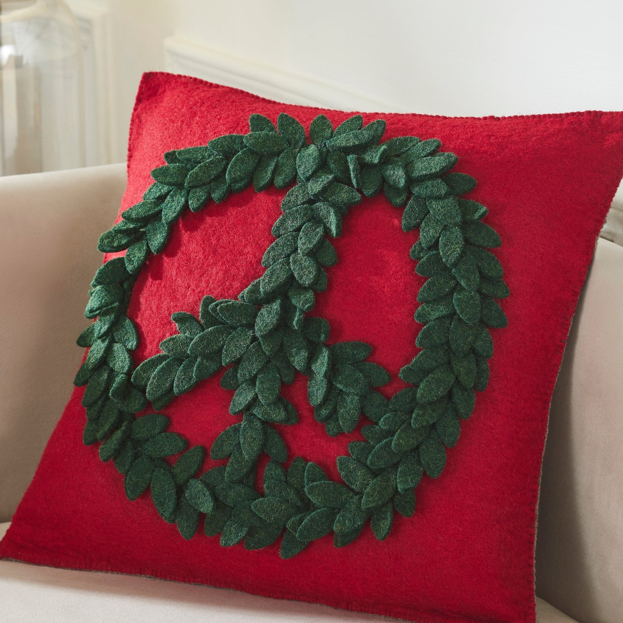 Hand Felted Wool Pillow‚ Green Peace Sign Red, 20" - Image 2