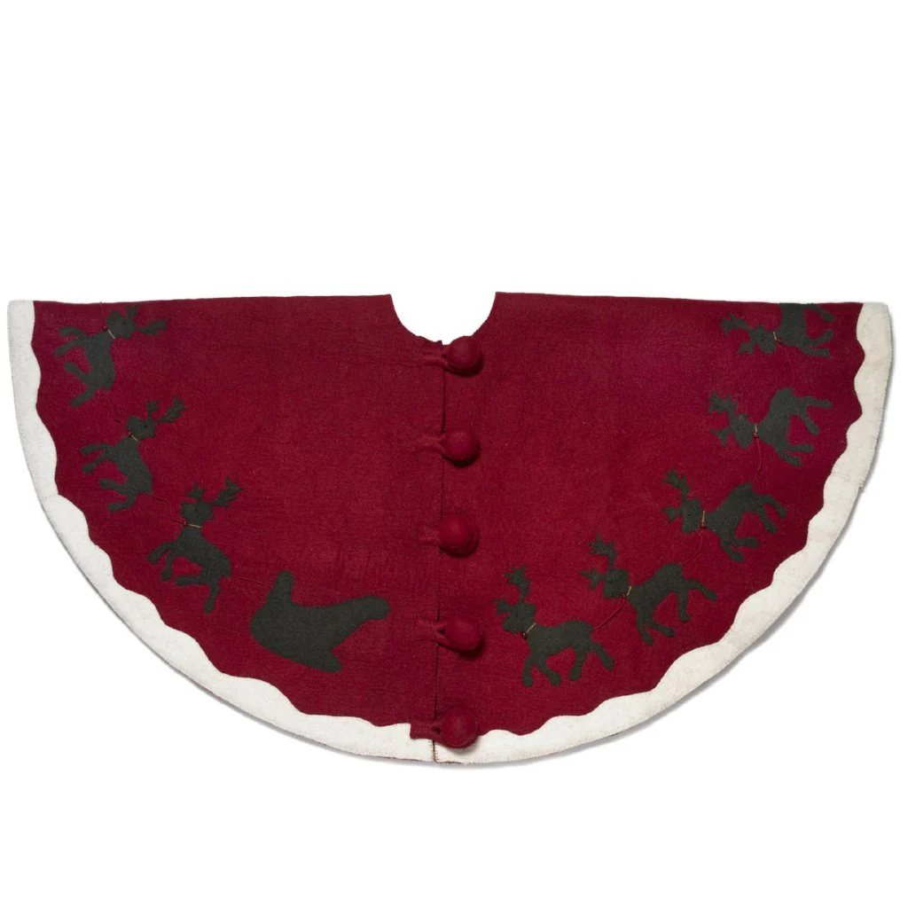 Handmade Felt Sleigh and Reindeer Red Christmas Tree Skirt 60" Arcadia Home - Image 2