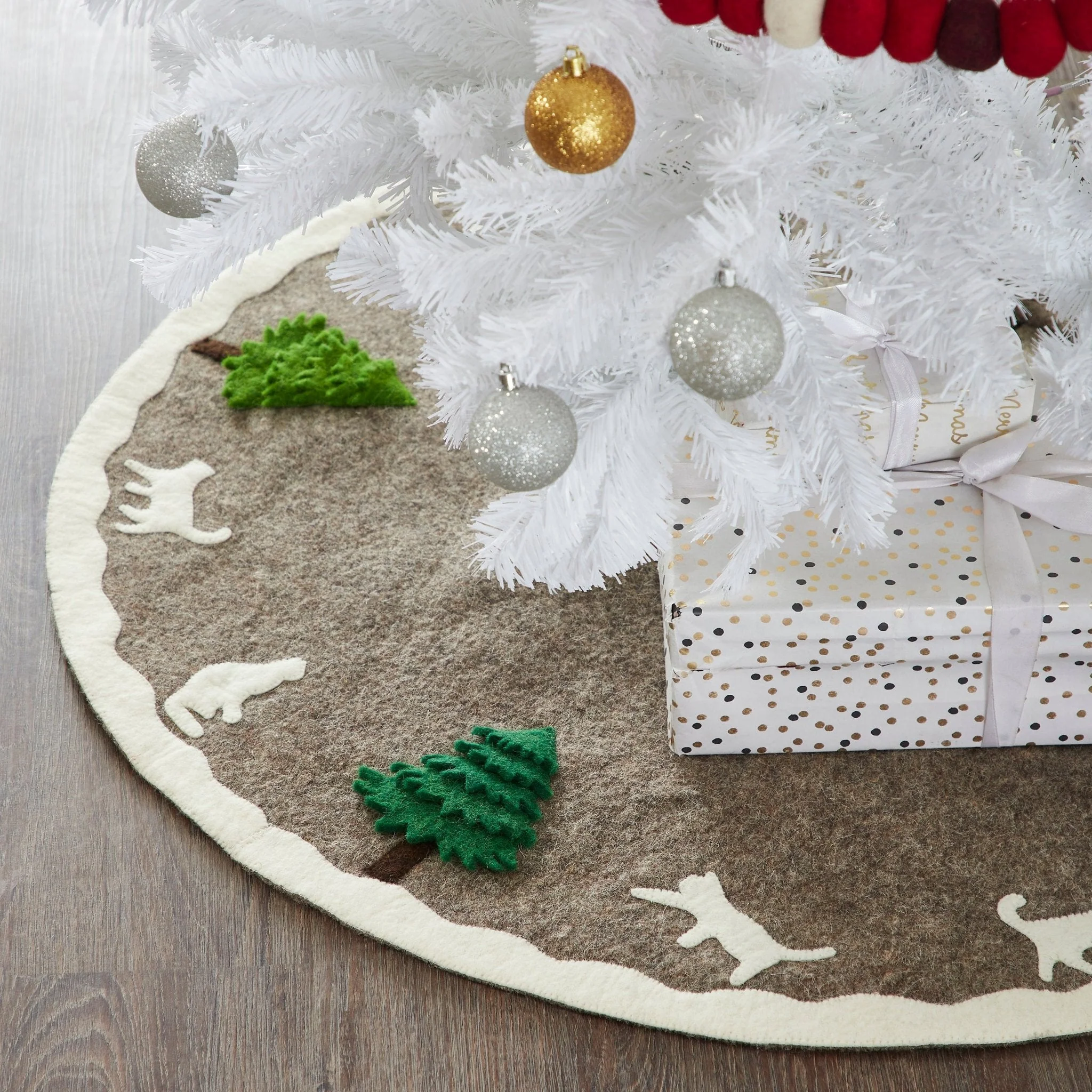 Handmade Felted Cats and Green Trees Grey Christmas Tree Skirt 36", Arcadia Home - Image 3
