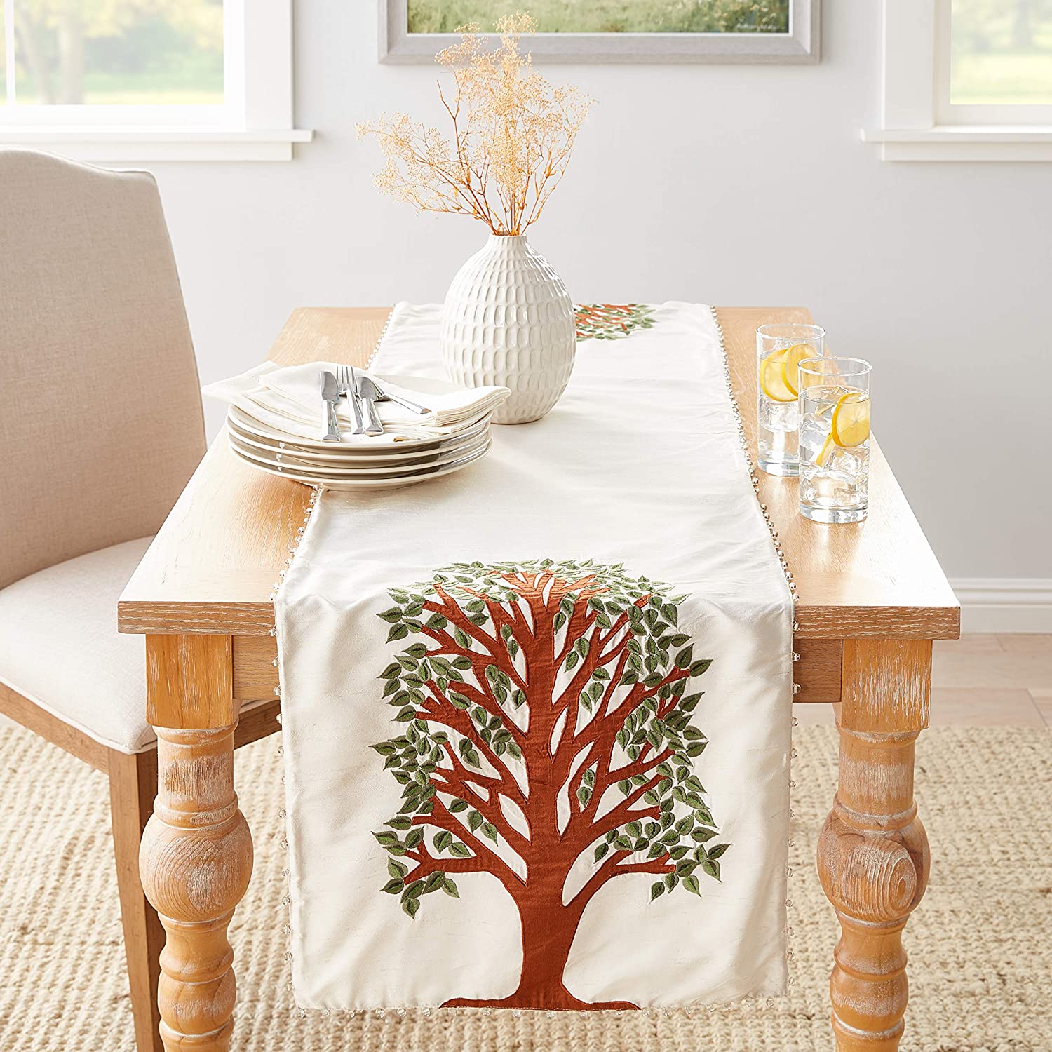 Handmade Ivory Silk Table Runner Tree of Life Embroidery and Hand Beading - 18x72"
