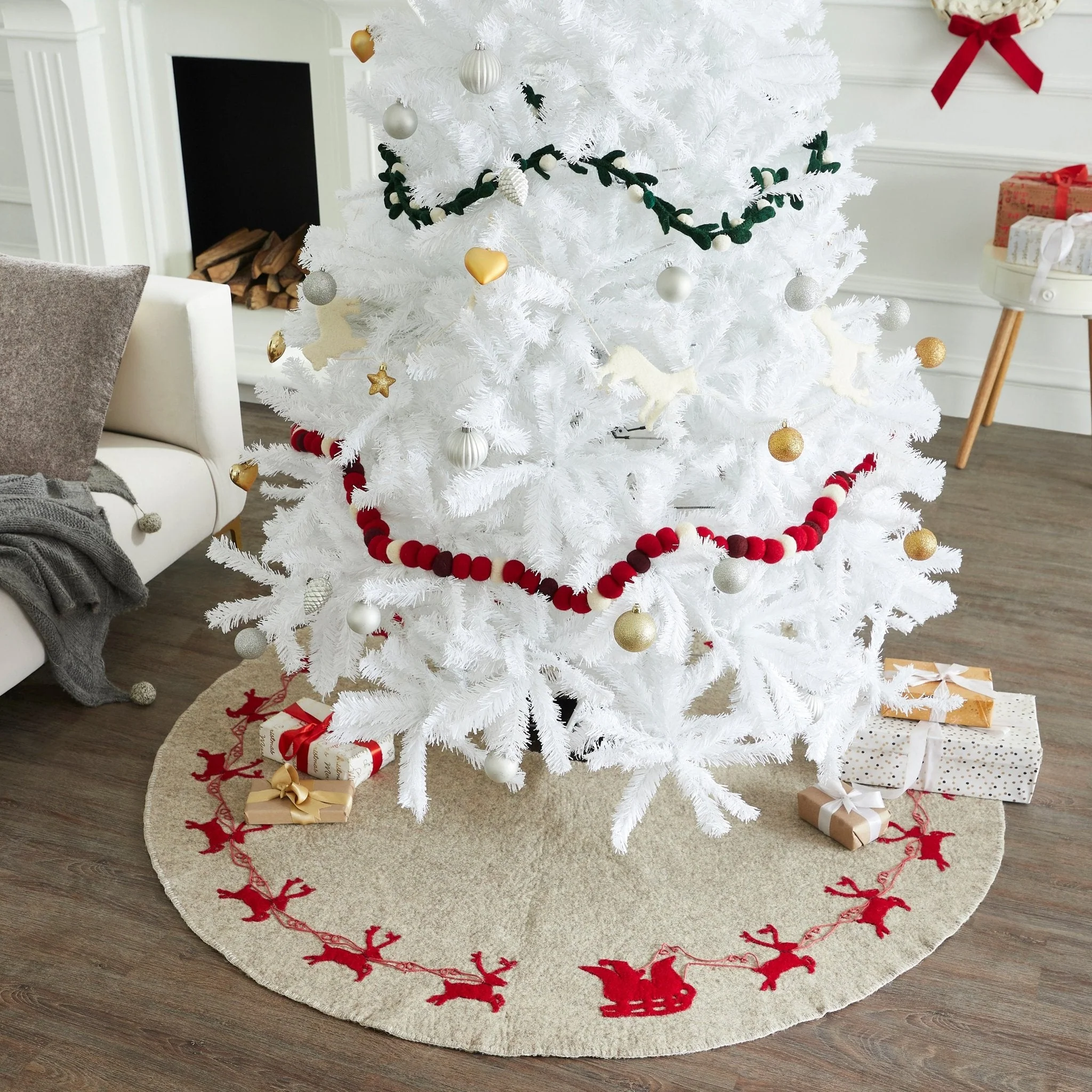 Handmade Reindeer Christmas Tree Skirt- Grey Red Reindeer And Cream Whip Stitch-72" Arcadia Home - Image 2
