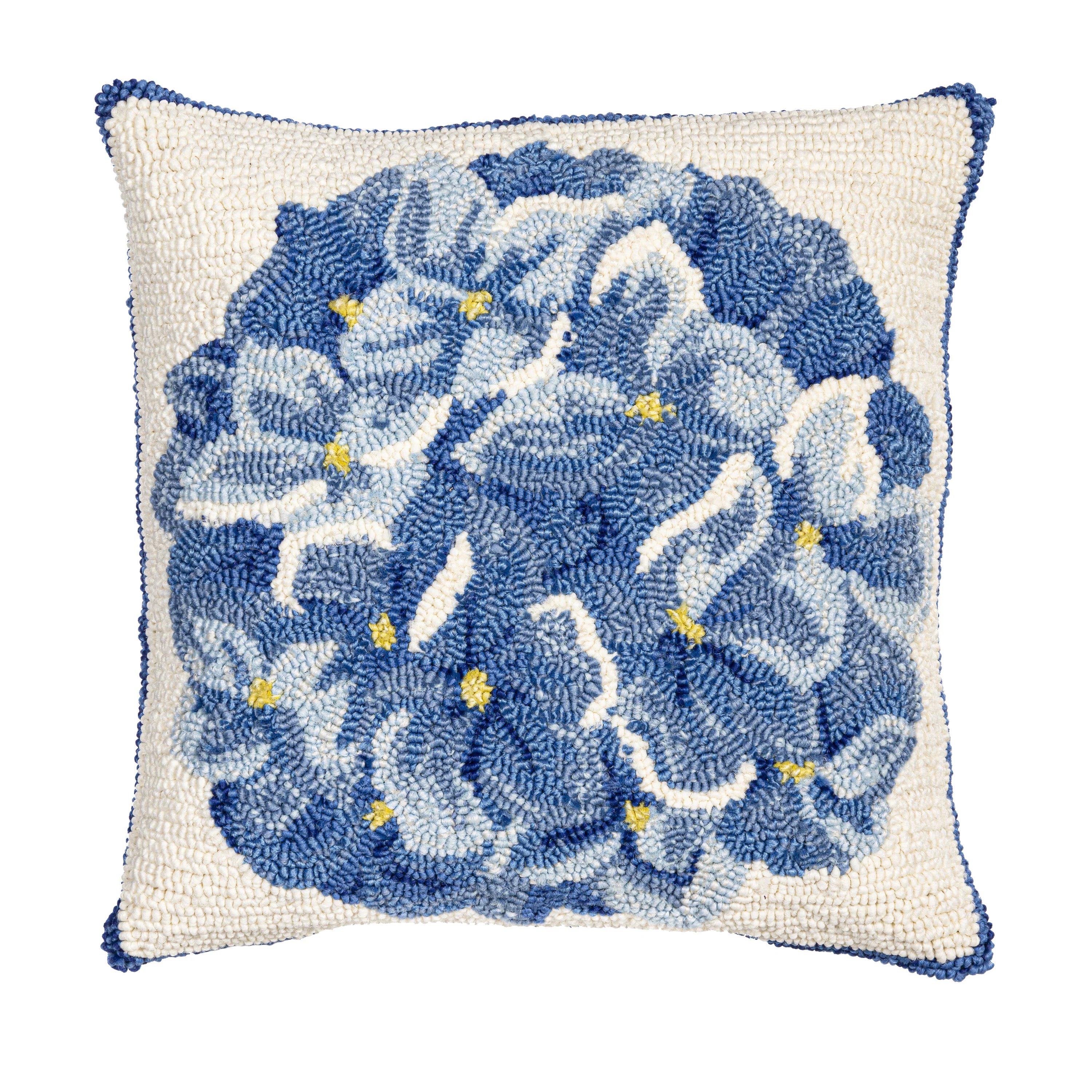 Blue Hydrangea Indoor/Outdoor Hooked Pillow 18"x18" - Image 2