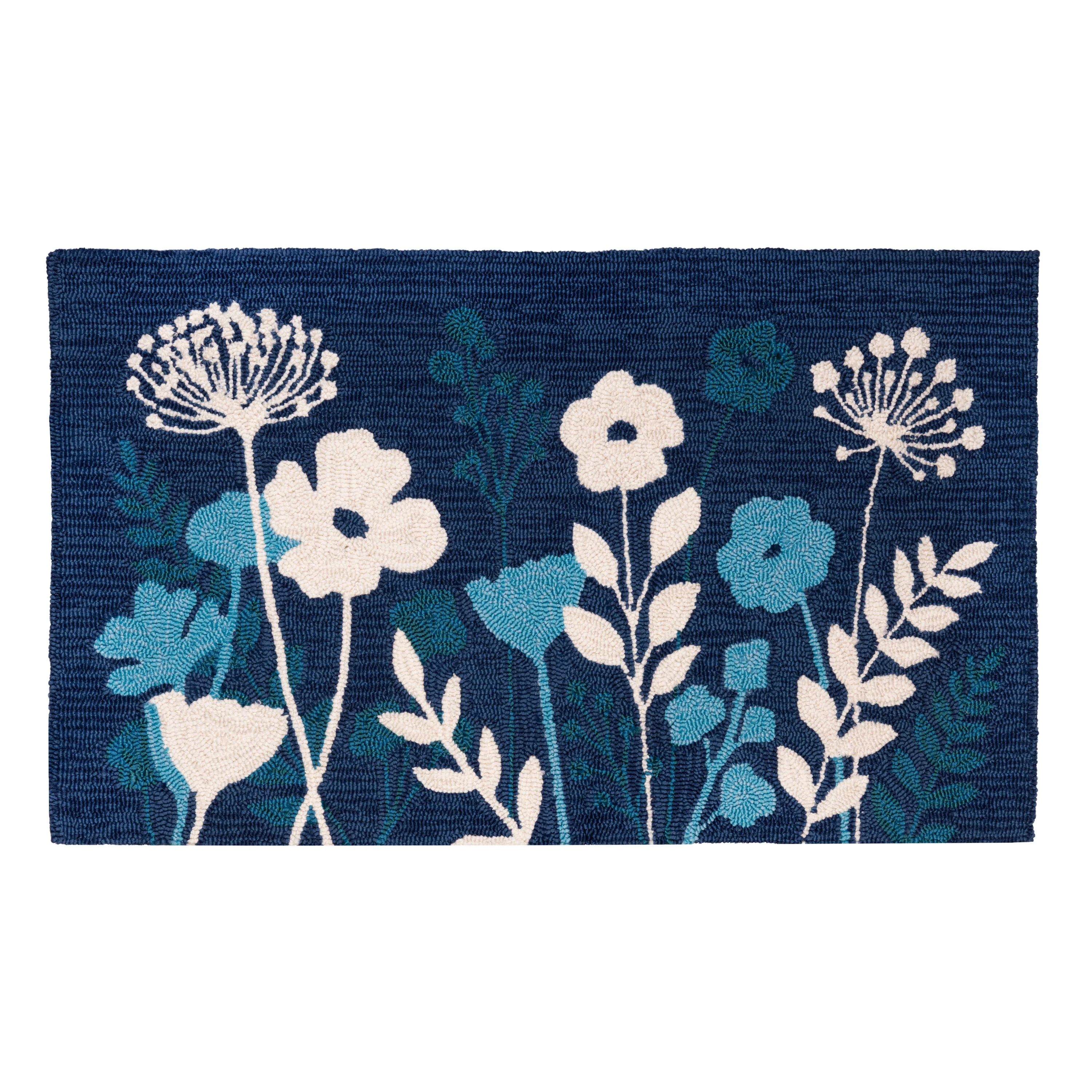 VivaStyle Gilded Meadow Indoor/Outdoor Hooked Rug, Blue Wildflowers - Image 4
