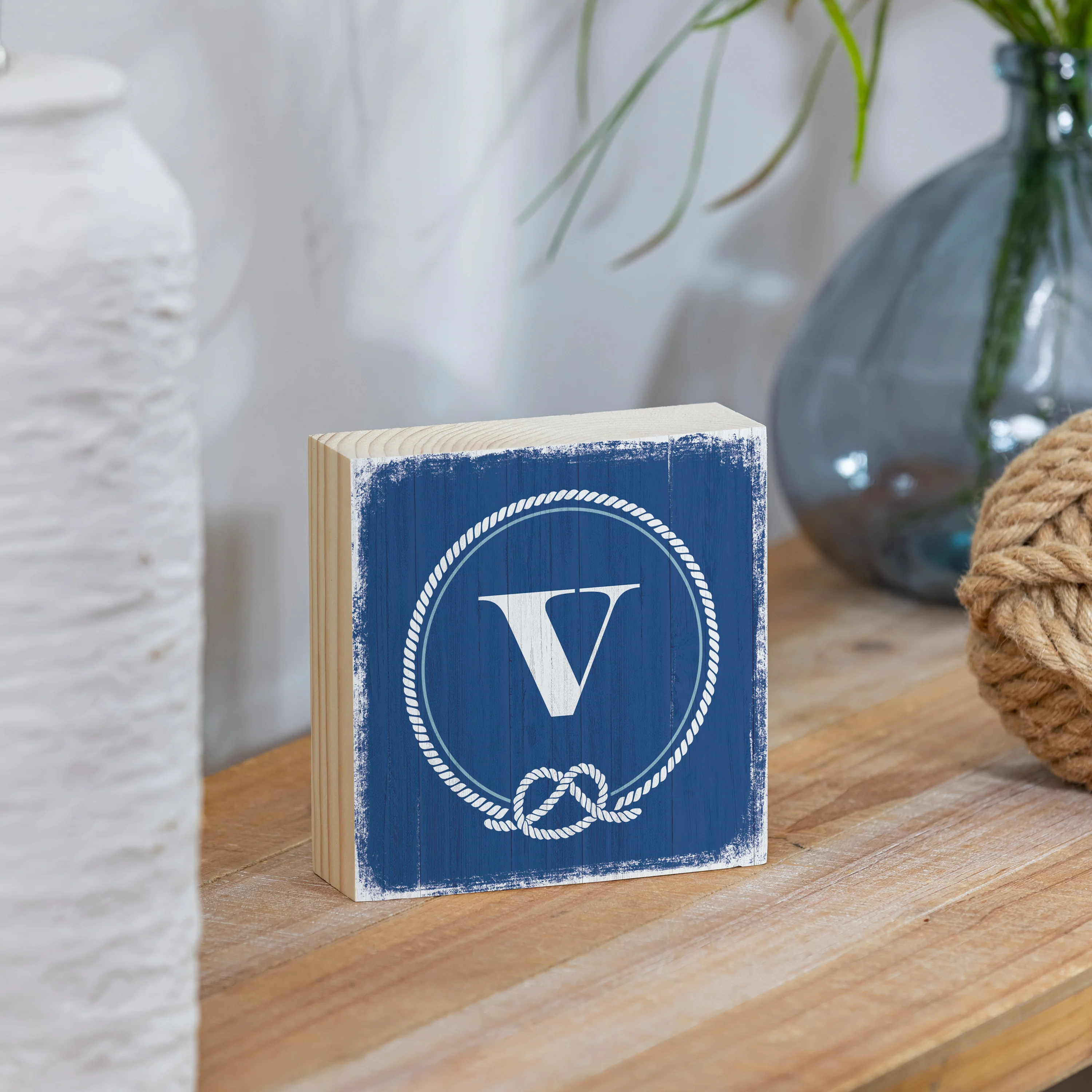 Coastal Monogram Nautical Sign Wood Block "V", 6"x6" - Image 2