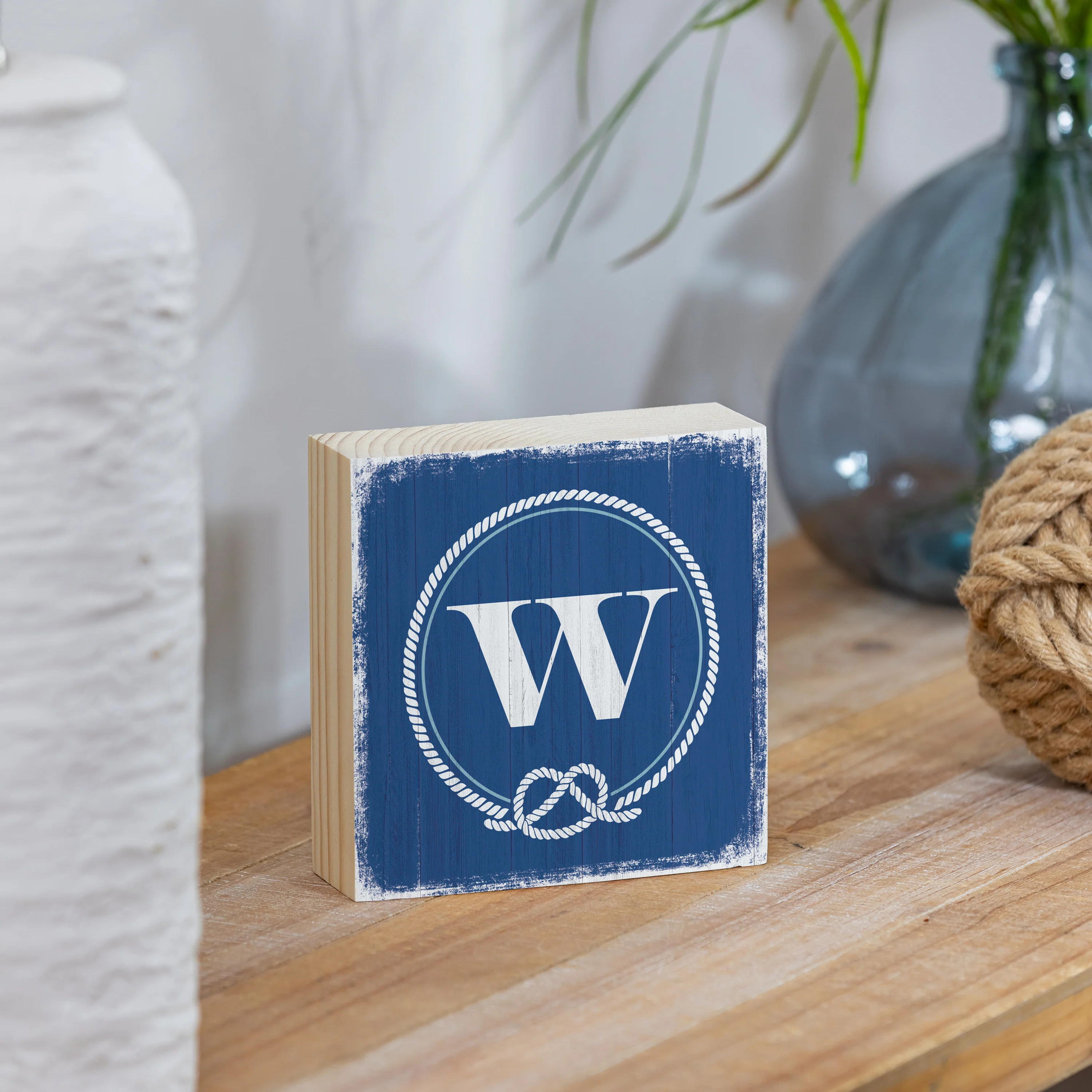 Coastal Monogram Nautical Sign Wood Block "W", 6"x6" - Image 2