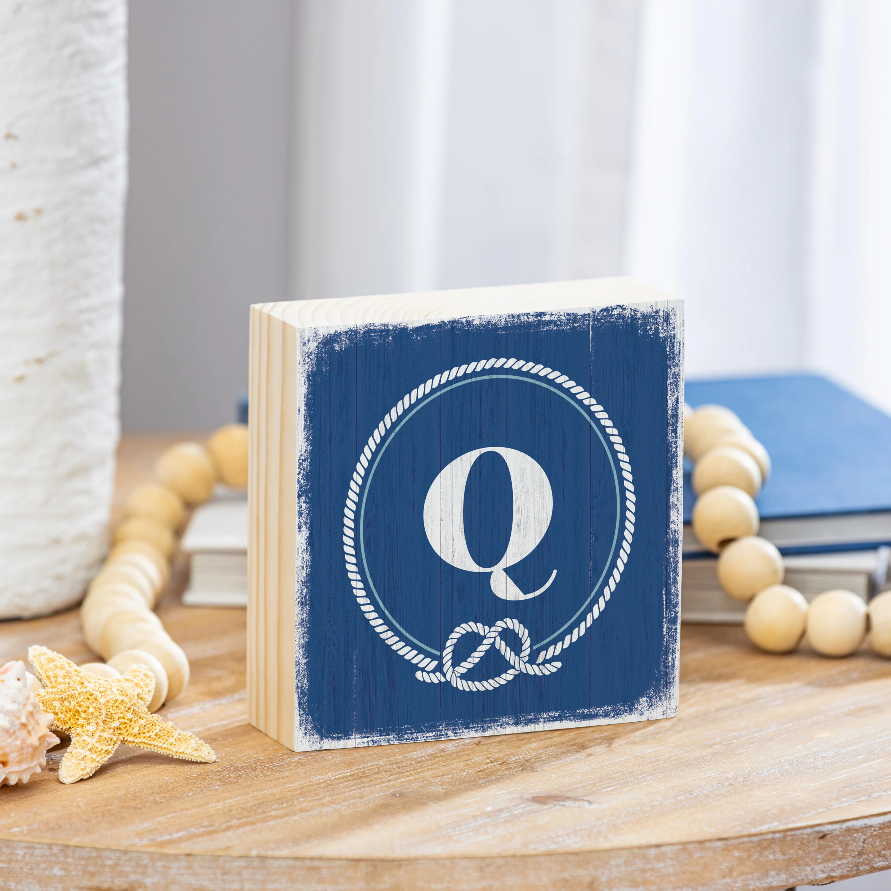 Coastal Monogram Nautical Sign Wood Block "Q", 6"x6"