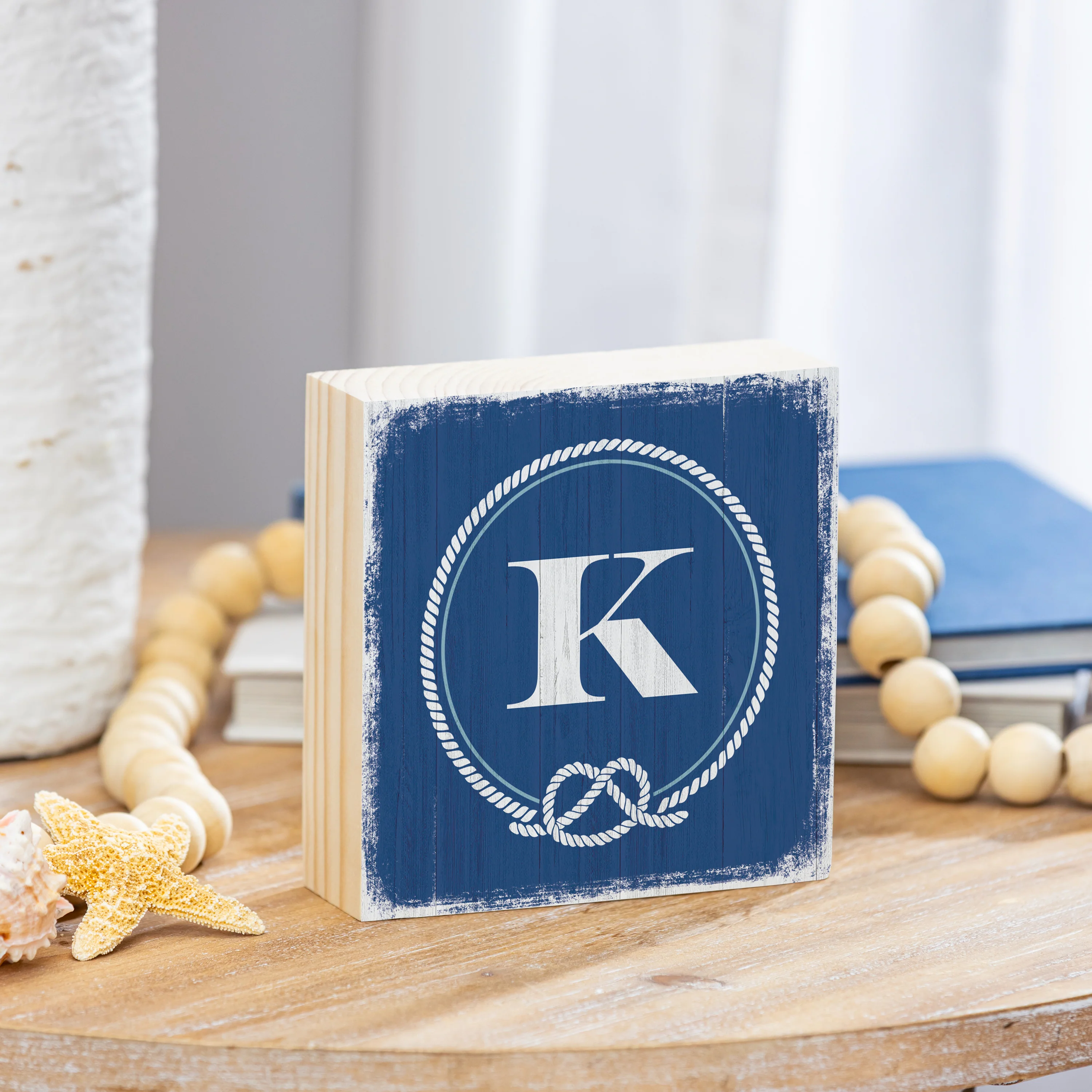 Coastal Monogram Nautical Sign Wood Block "K", 6"x6"