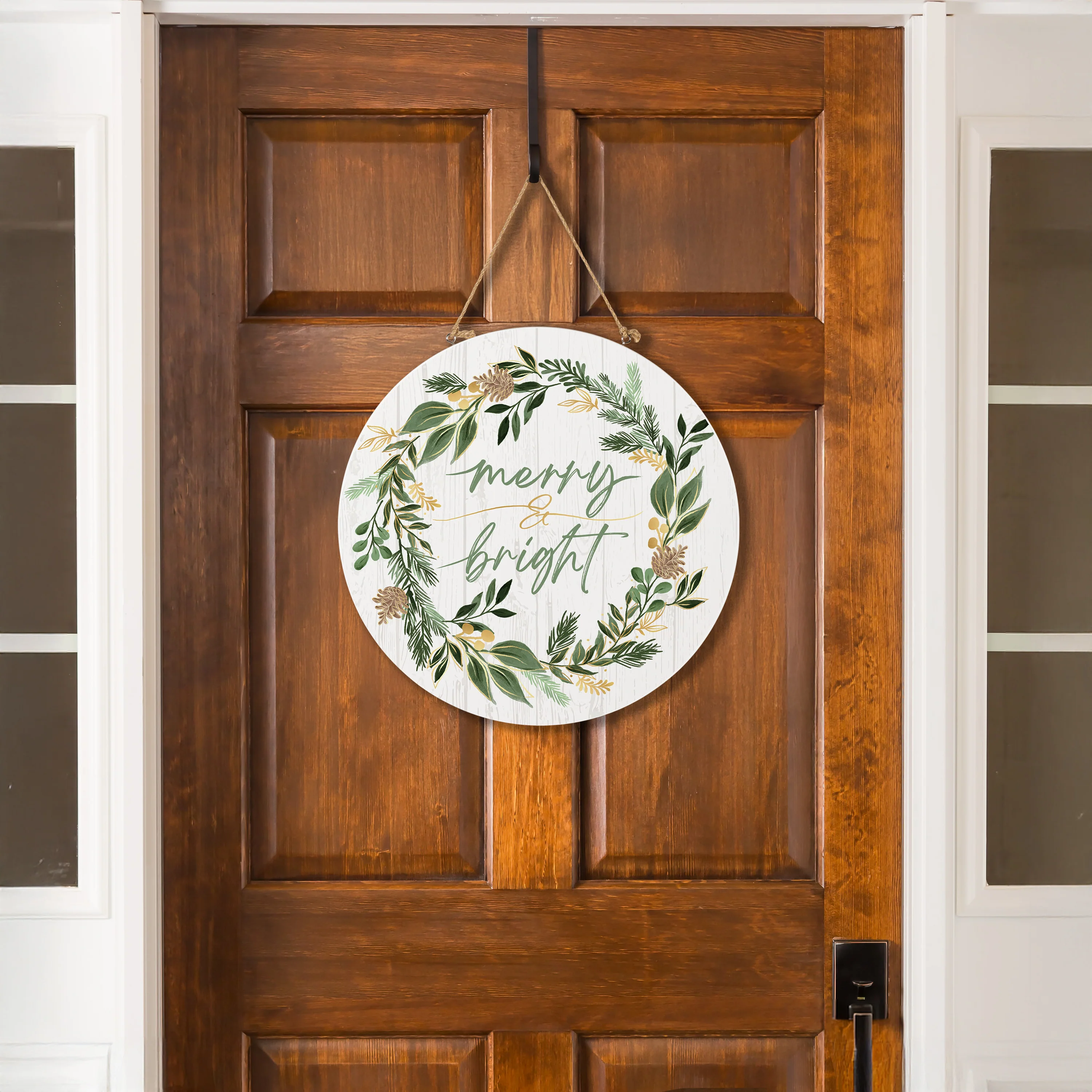 Shades of Green Wood Door Décor, "Merry Bright", 18”