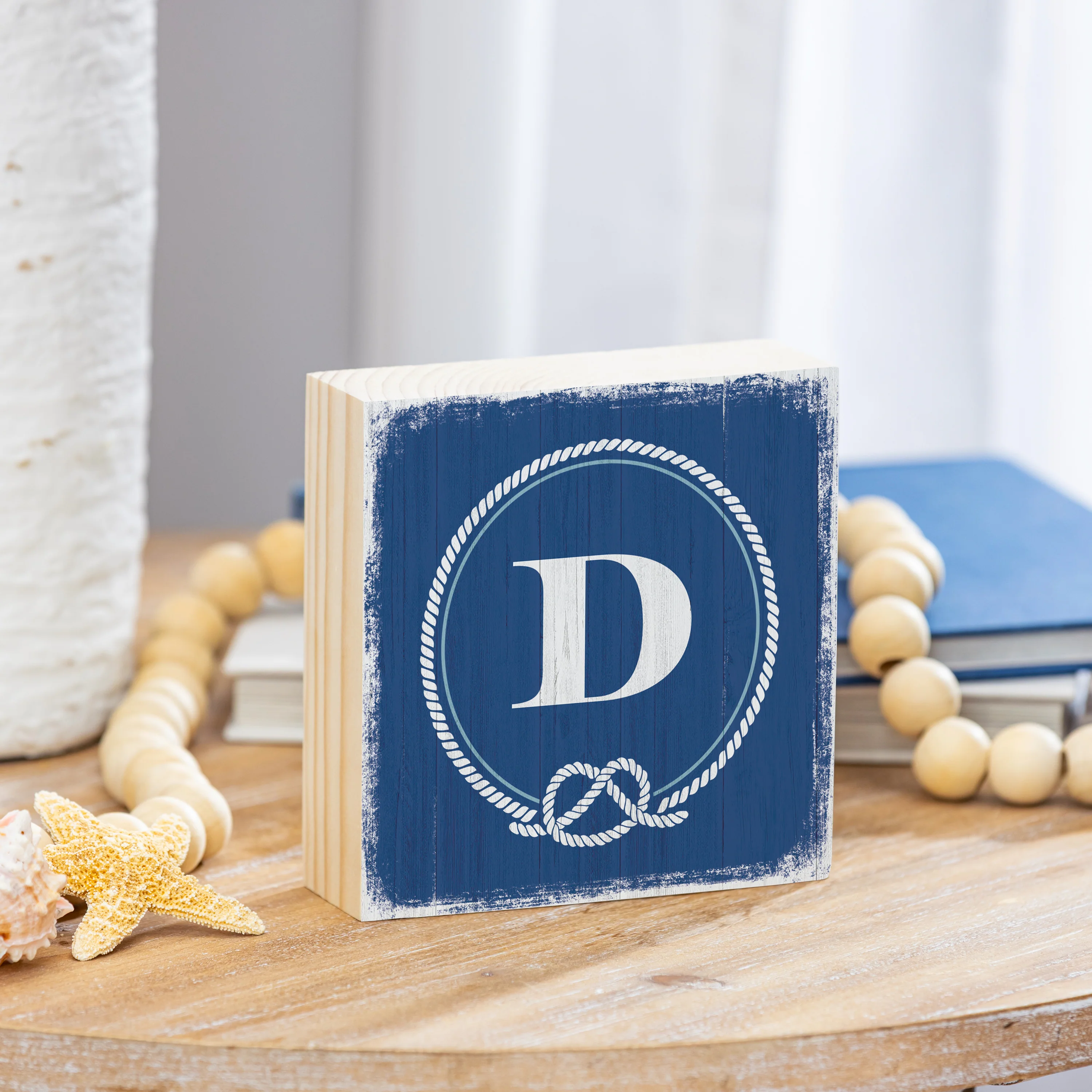 Coastal Monogram Nautical Sign Wood Block "D", 6"x6"