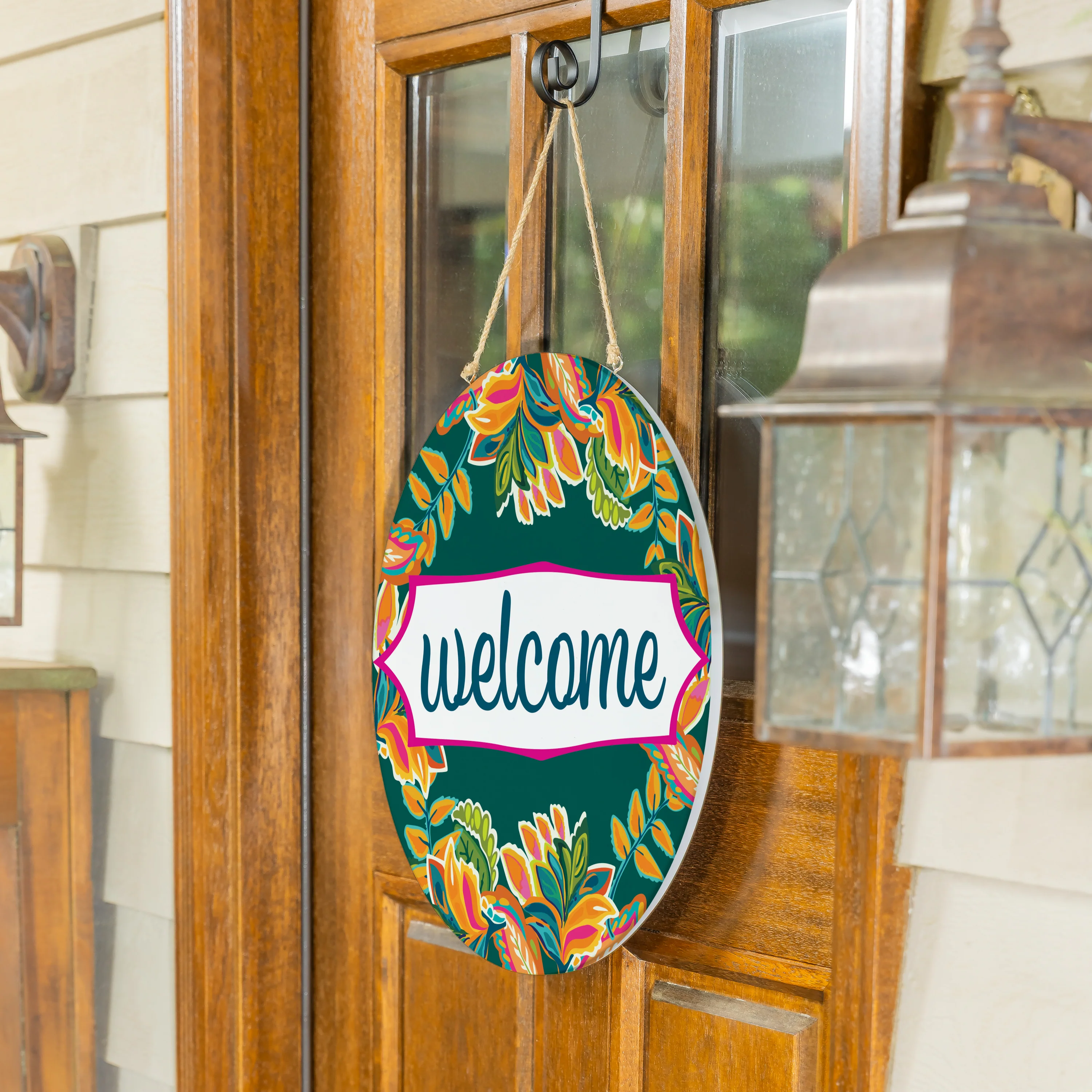 Harvest Blossom Jacobean Pumpkin Wood Door Décor, "Welcome", 18"