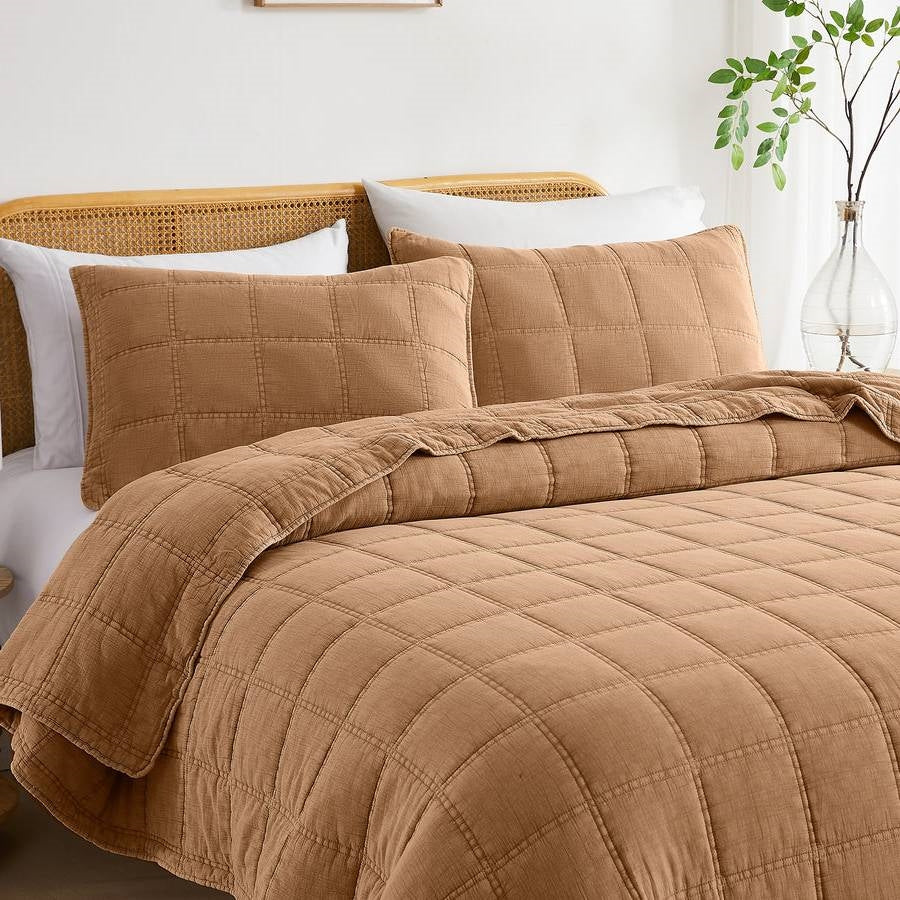 King / California King size Taupe Brown Sienna Faded Stone Washed Cotton Quilt - Image 2