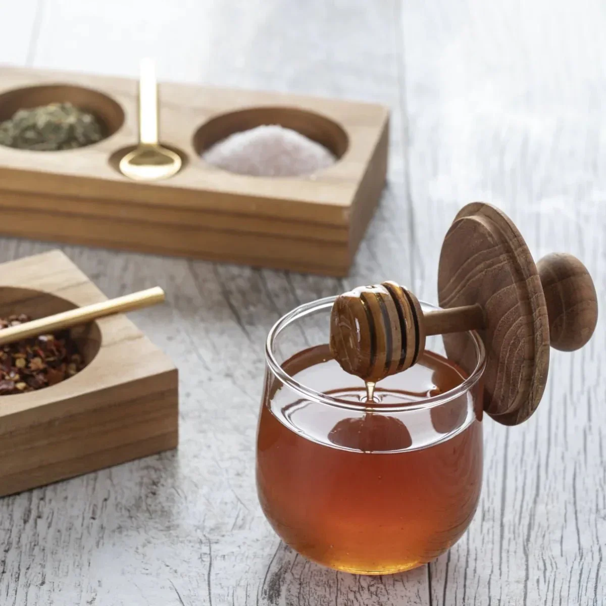 Mini Teak & Glass Honey Jar - Image 2