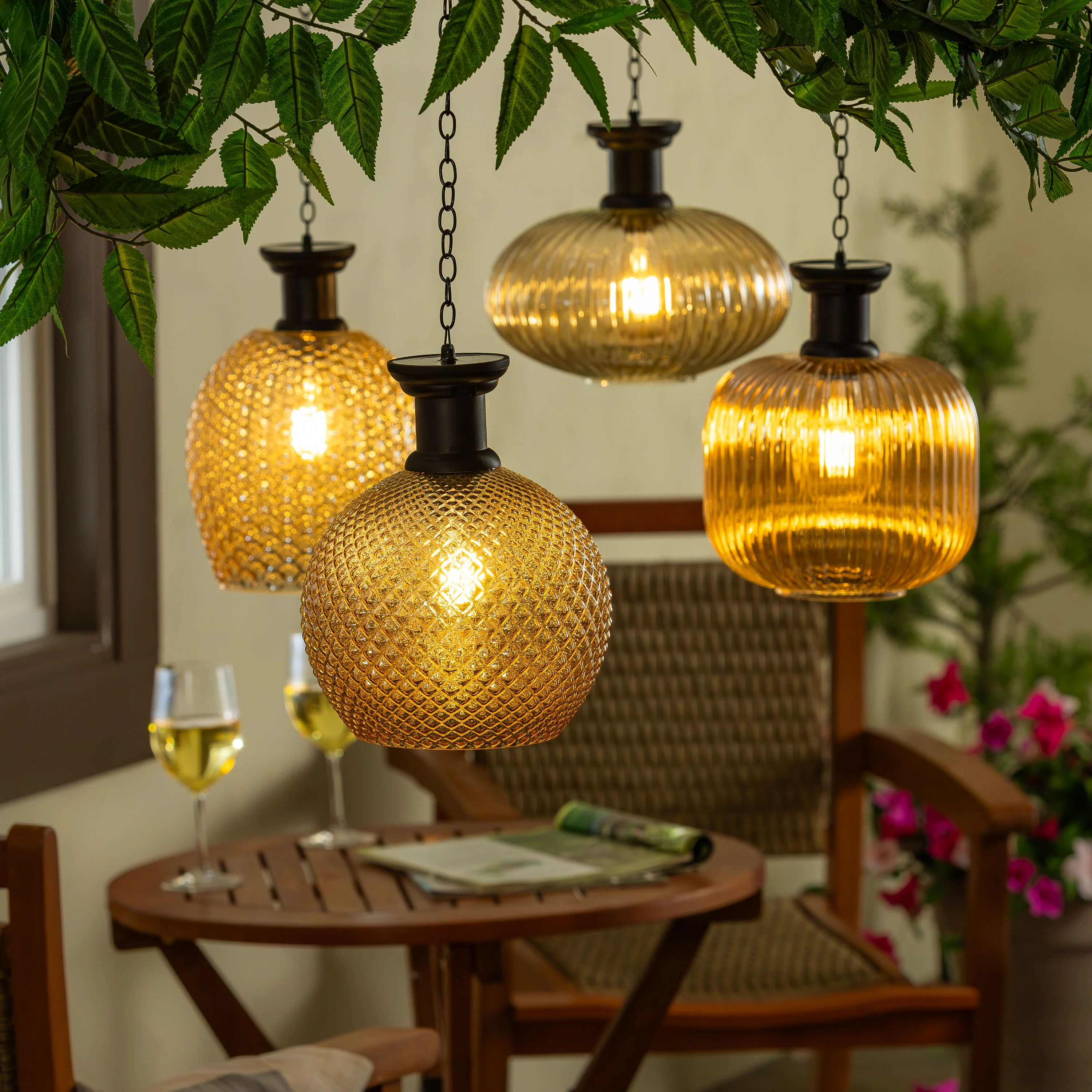 Solar Glass Hanging Lantern, Ribbed Bell - Image 4