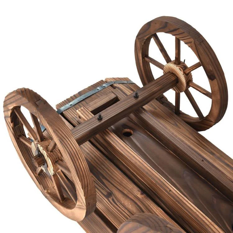 Outdoor Garden Fir Wood Barrel Planter Wagon on Wooden Wheels - Image 4