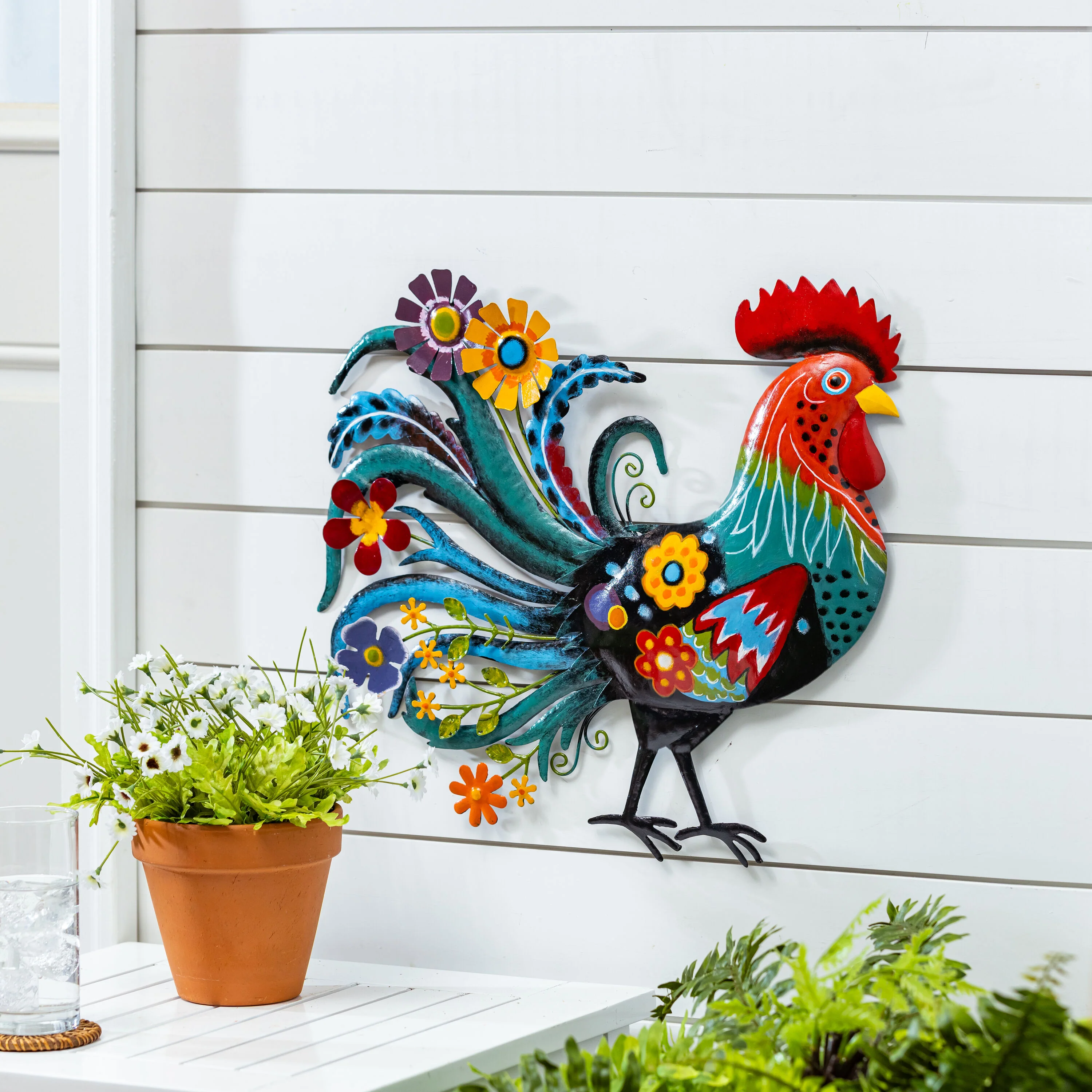 Floral Rooster Recycled Metal Wall Art - Image 2