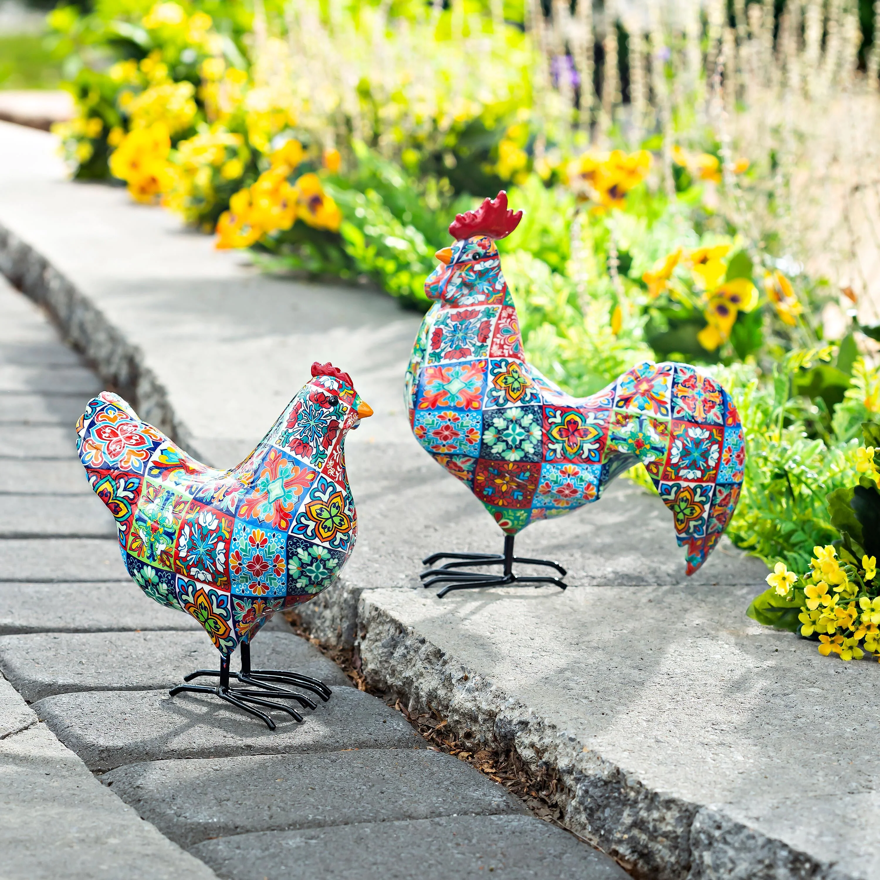 Indoor/Outdoor Tile-Inspired Rooster and Hen Statue Set