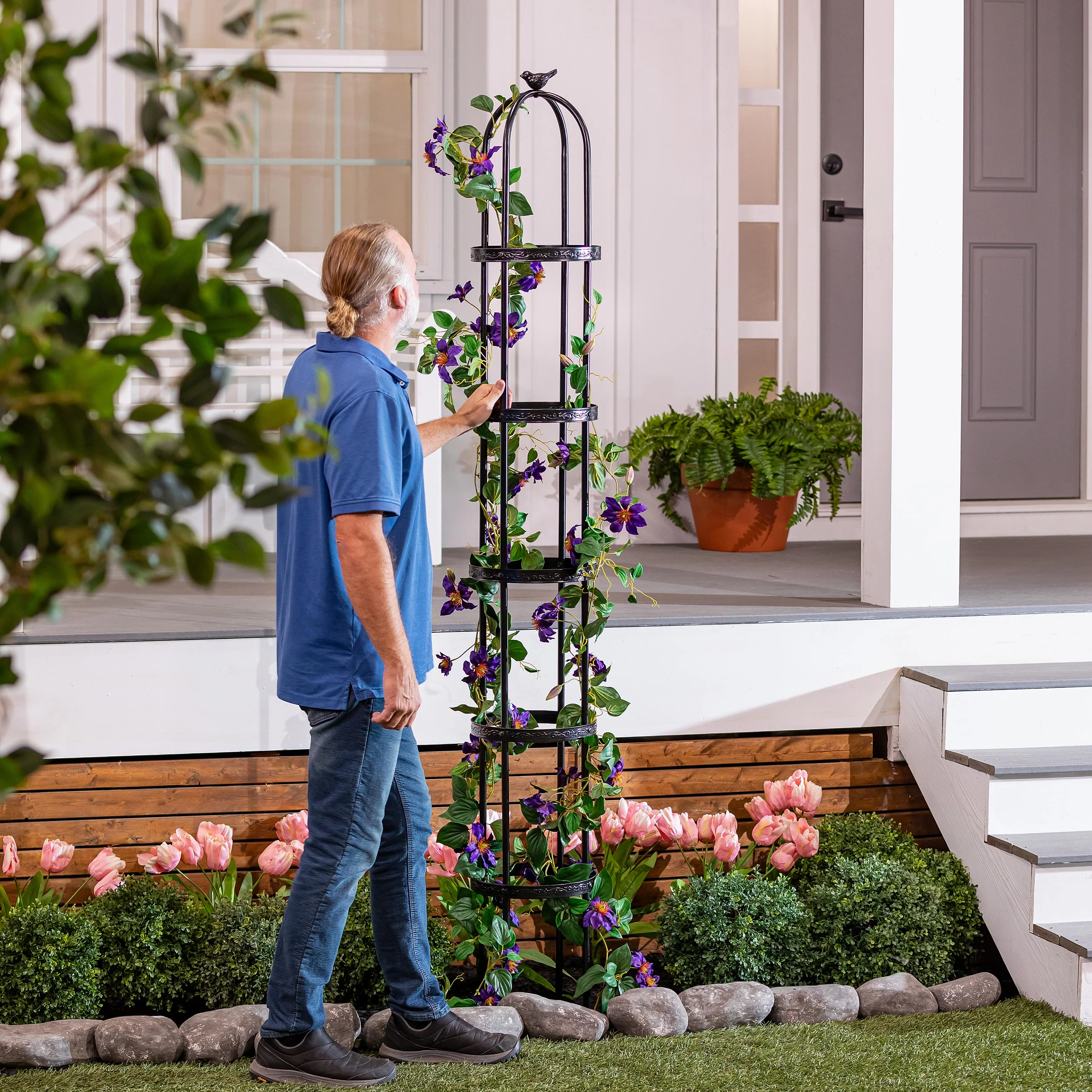 7' Powder-Coated Steel Garden Obelisk, Black - Image 6