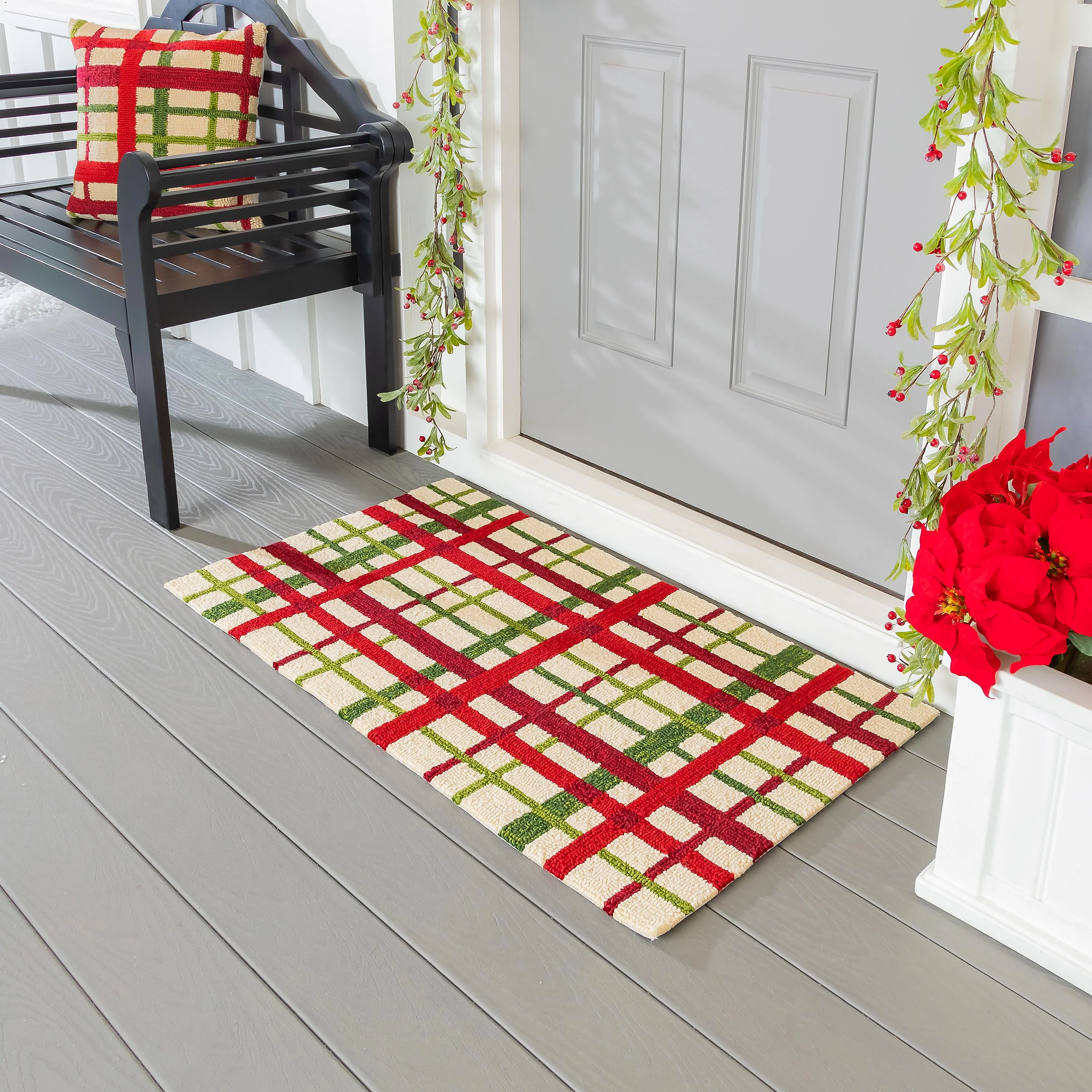 Indoor/Outdoor Hooked Rug Christmas Plaid Polypropylene, 24"x42"