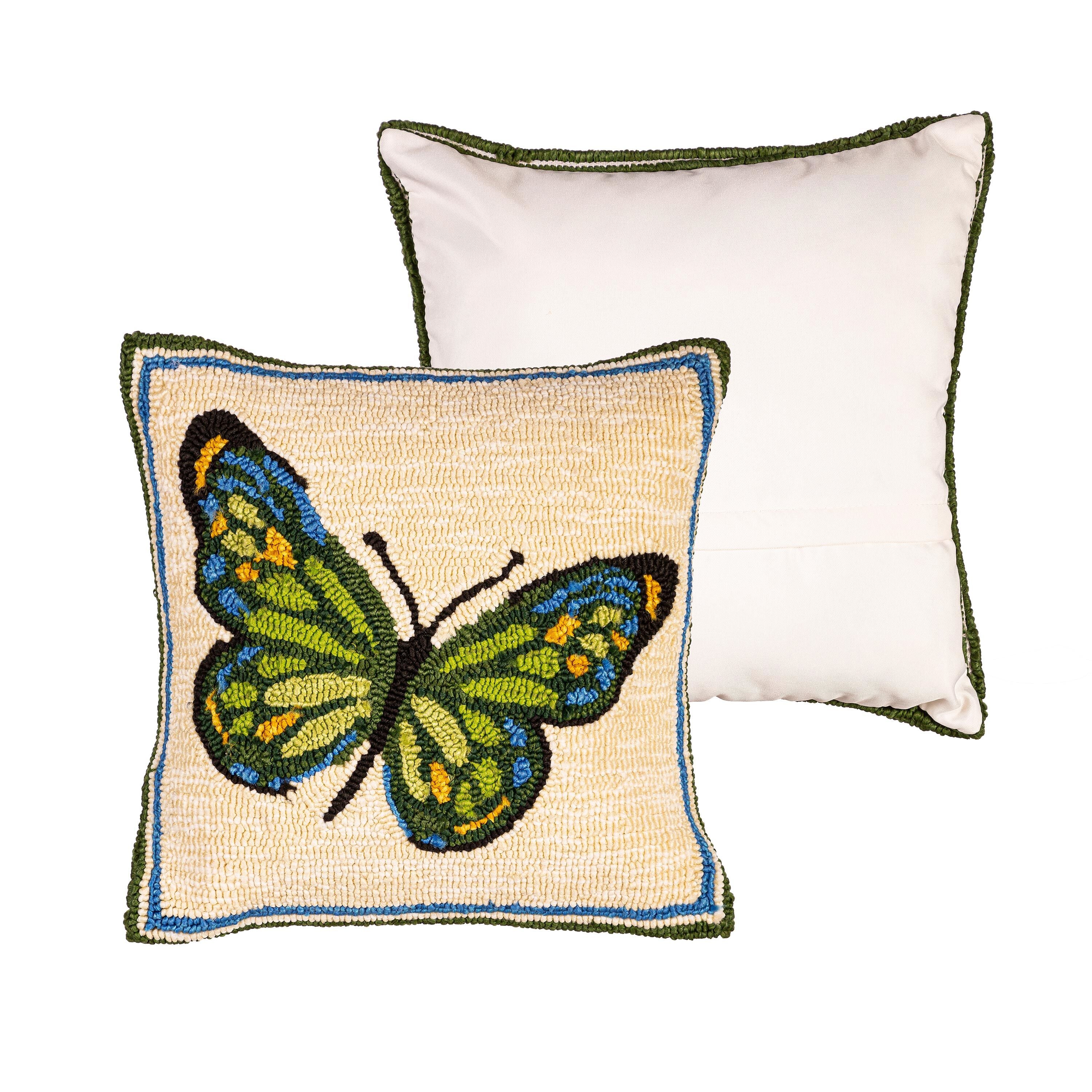 Indoor/Outdoor Green Butterfly Hooked Polypropylene Throw Pillow 18"x18" - Image 4