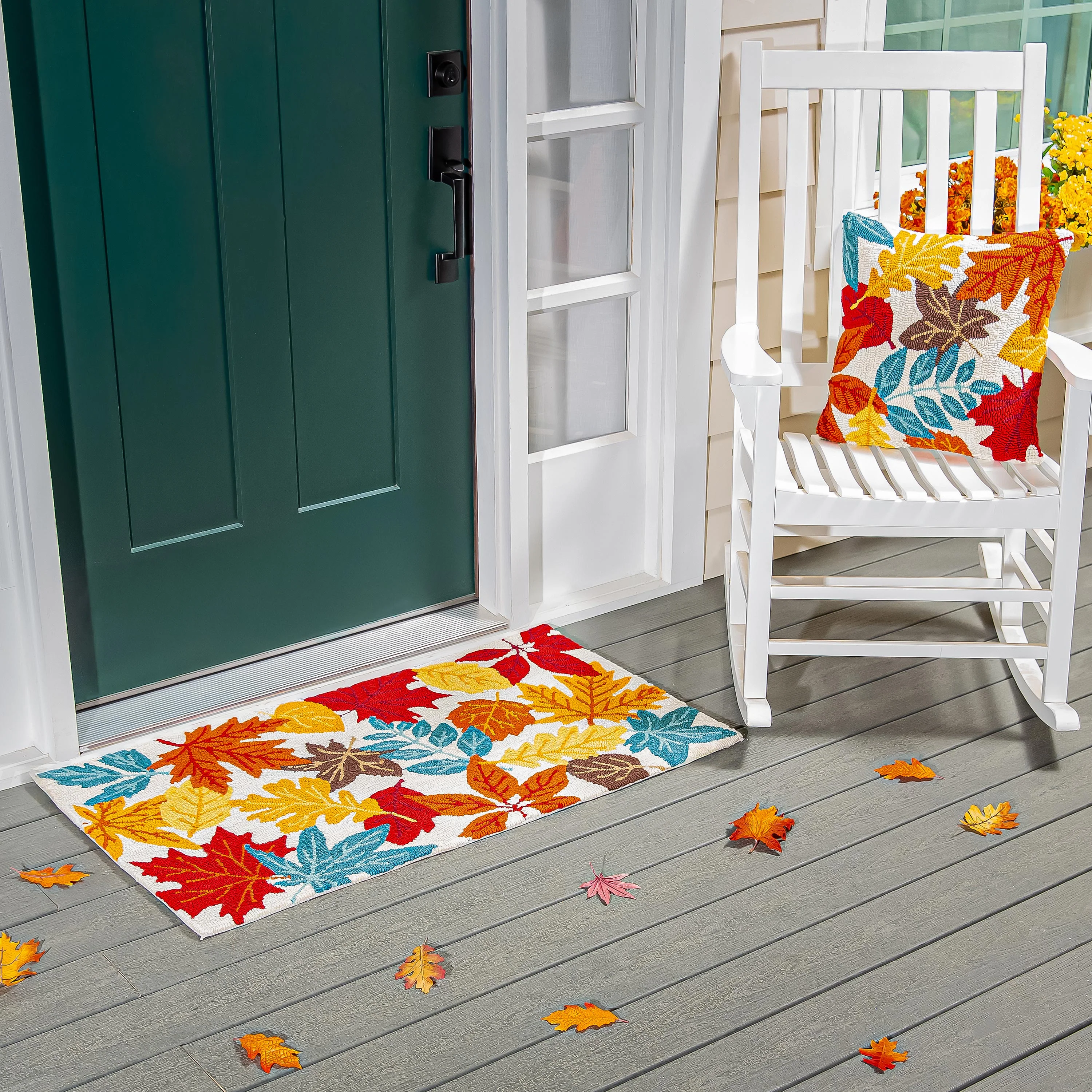 Indoor/Outdoor Fall Leaves Hooked Polypropylene Throw Pillow 18"x18" - Image 5
