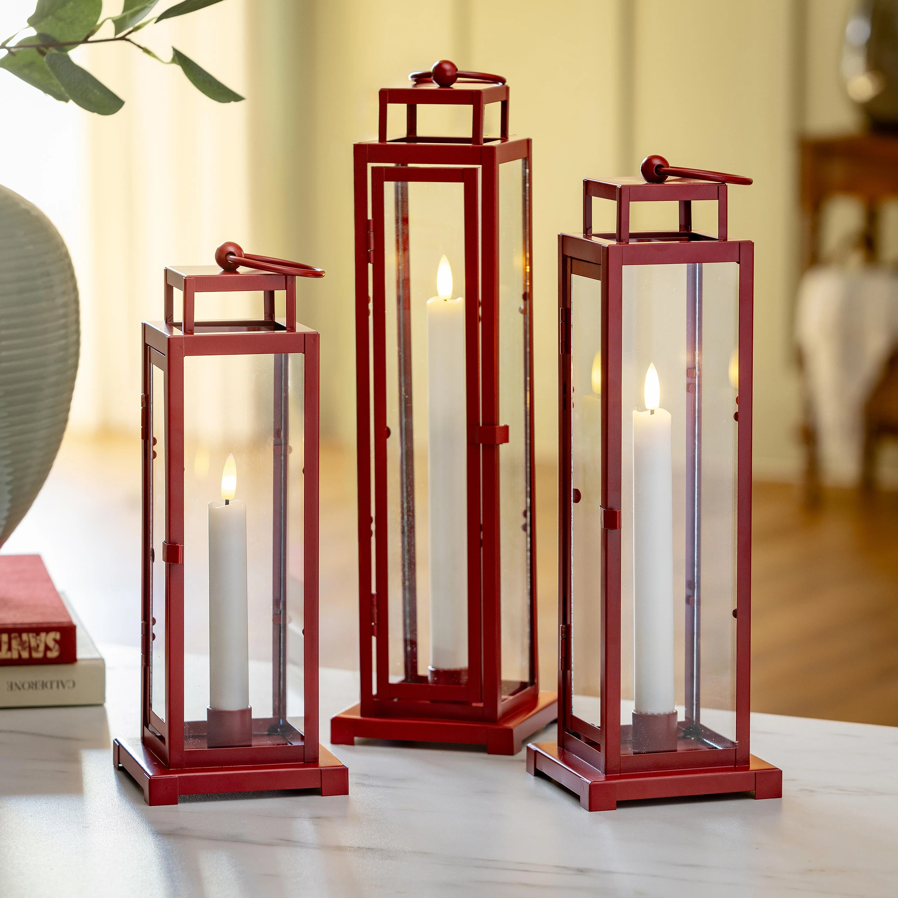 Tower Lantern LED Tapered Set of 3 with Red Finish