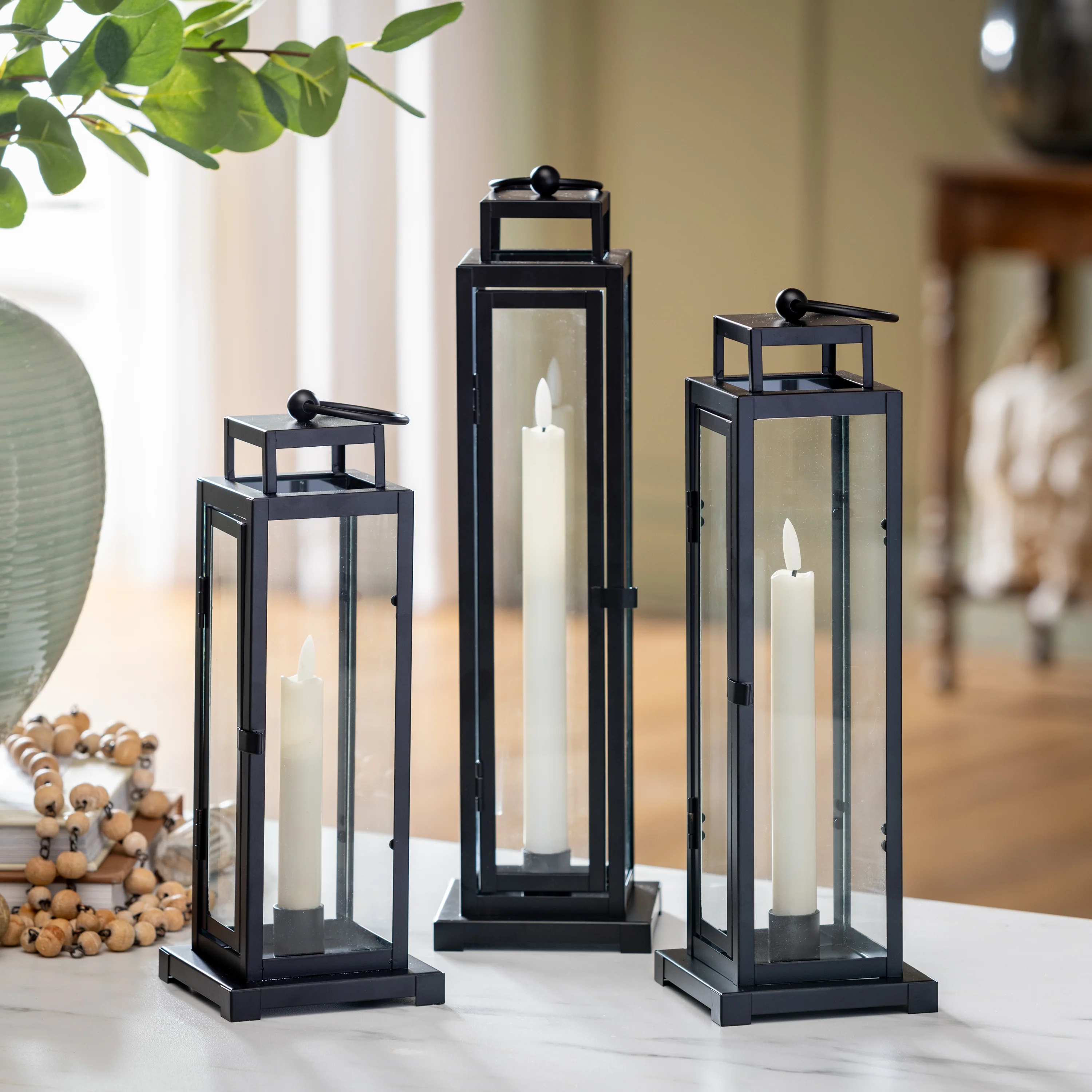 Tower Lantern LED Tapered Set of 3 with Black Finish