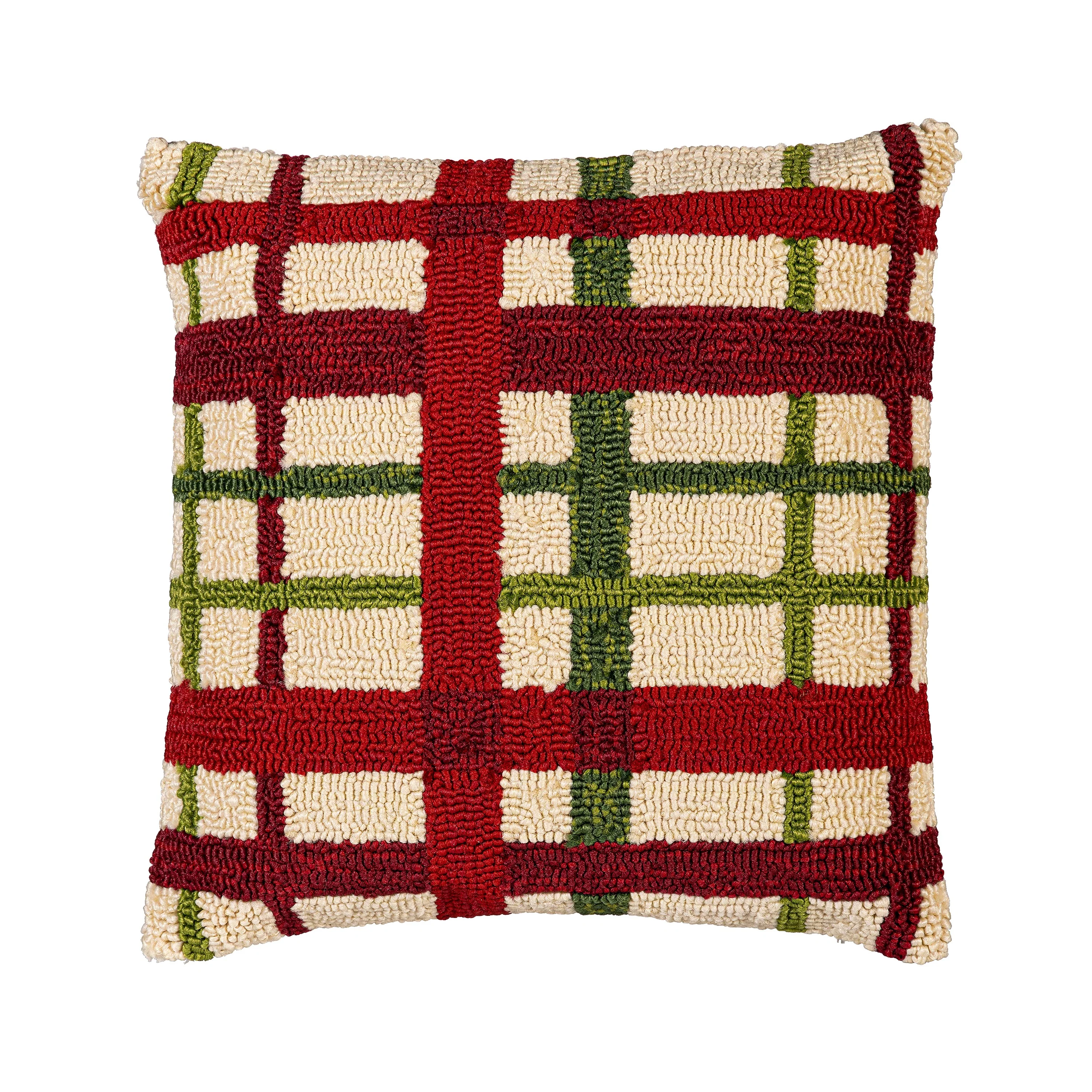 Indoor/Outdoor Hooked Pillow Christmas Plaid Polypropylene, 18"x18" - Image 2