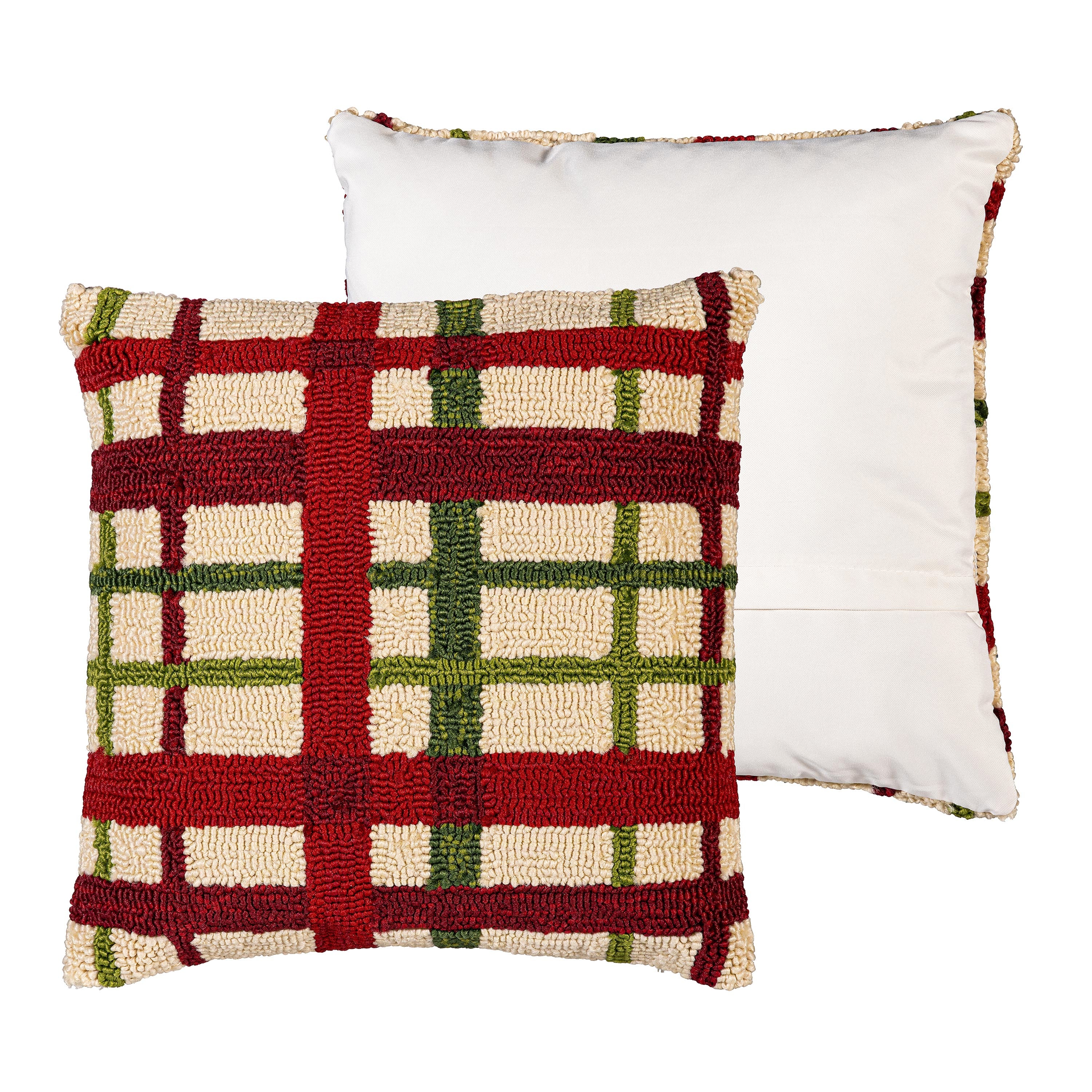 Indoor/Outdoor Hooked Pillow Christmas Plaid Polypropylene, 18"x18" - Image 4