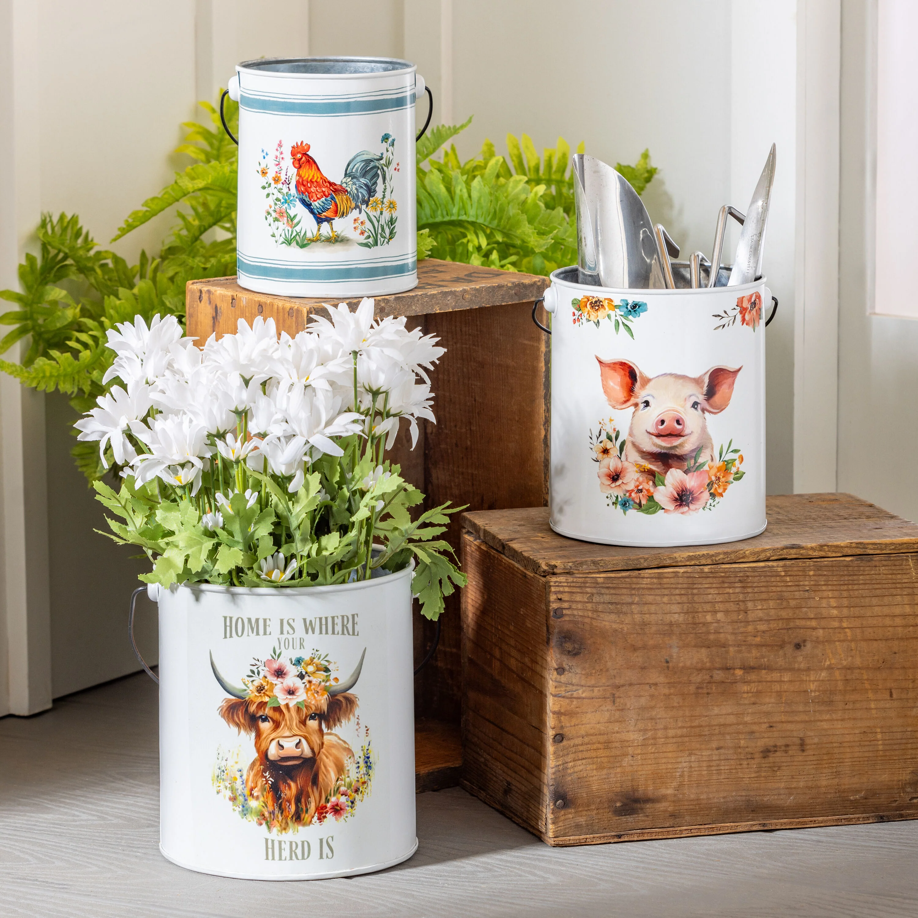 Petal & Plow Planter, Metal Bucket Planter, Nested Set of 3
