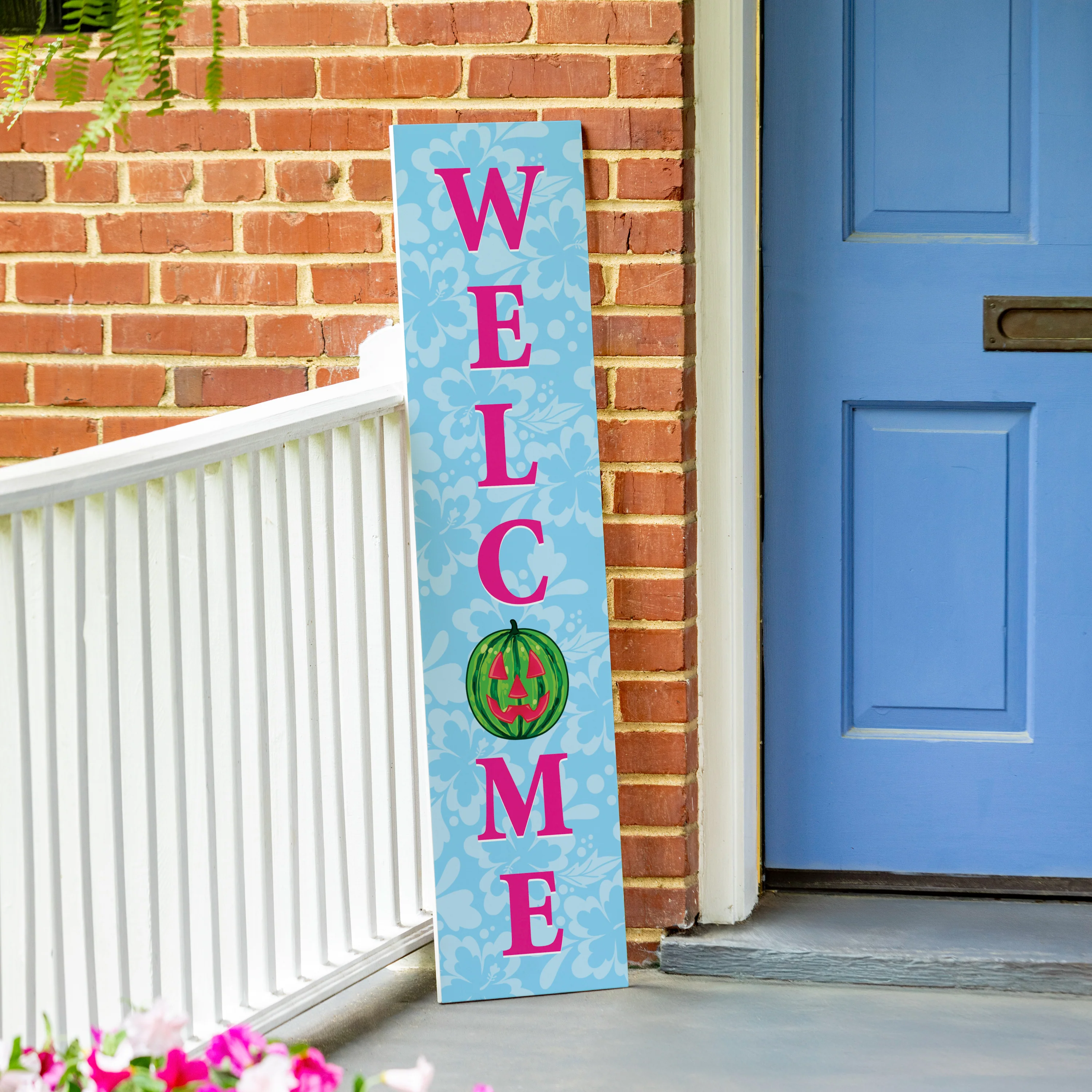 Summerween Porch Leaner Watermelon Pumpkin, "Welcome", 46"H