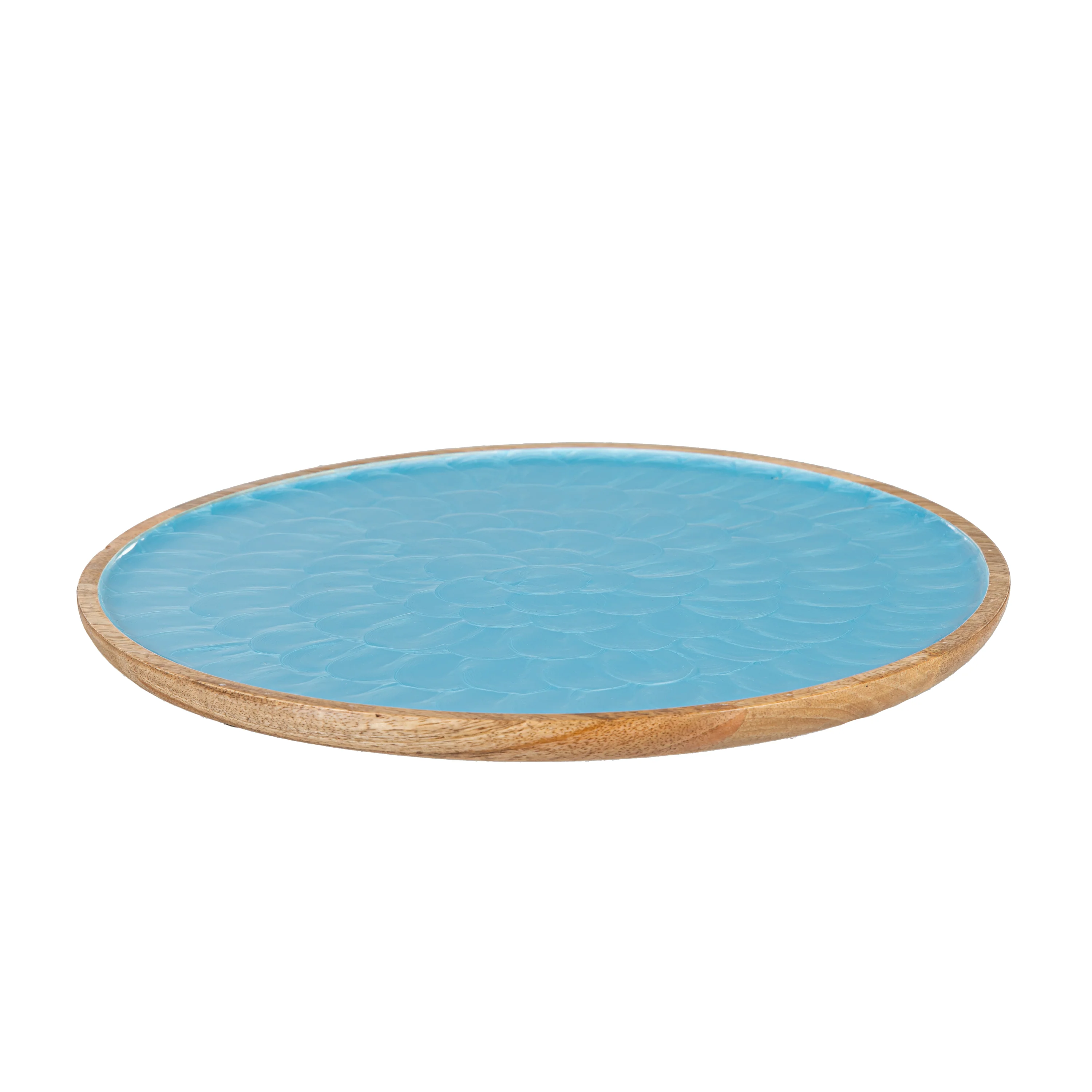 Blue Coastal Platter Wood with Scalloped Enamel Round, 11.8" - Image 4