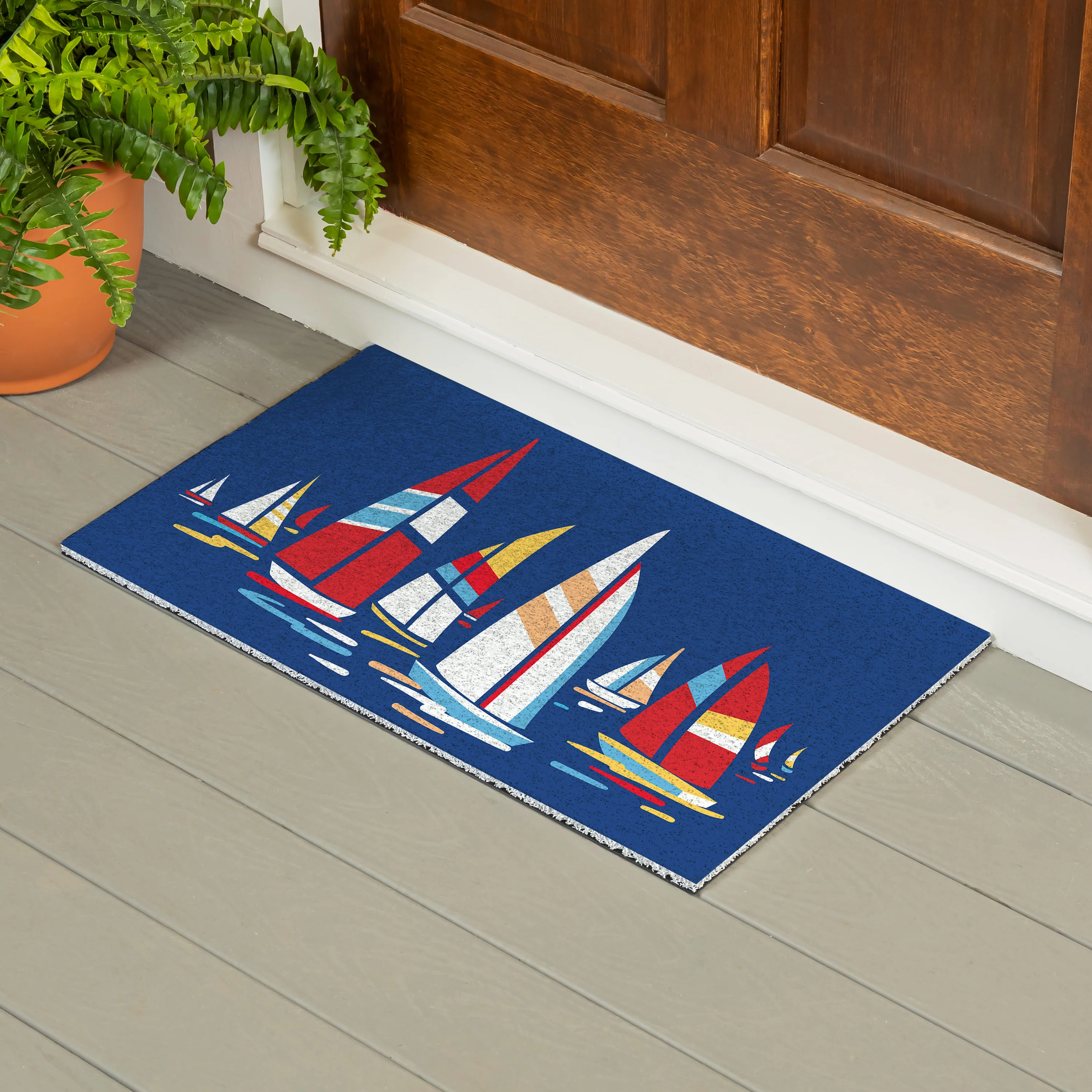 Blue Coastal Sailboats PVC Trapper Mat, Landscape, 28"x16" - Image 2