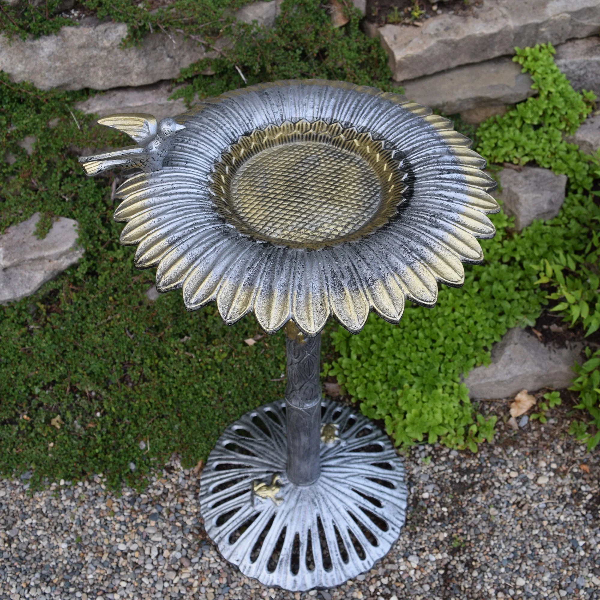 Round Cast Aluminum Metal 30-in Bird Bath with Sunflower Bowl - Image 2