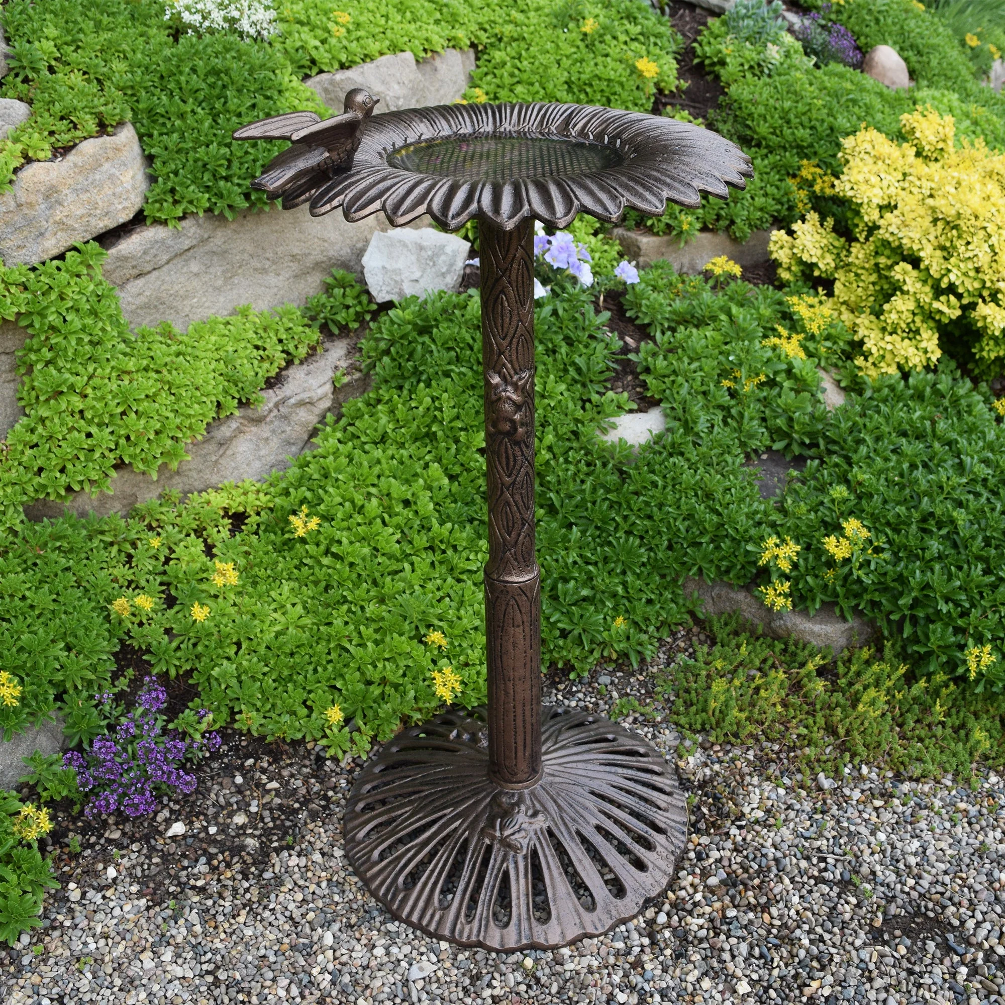 Round Cast Aluminum Metal 30-in Bird Bath with Sunflower Bowl - Image 4