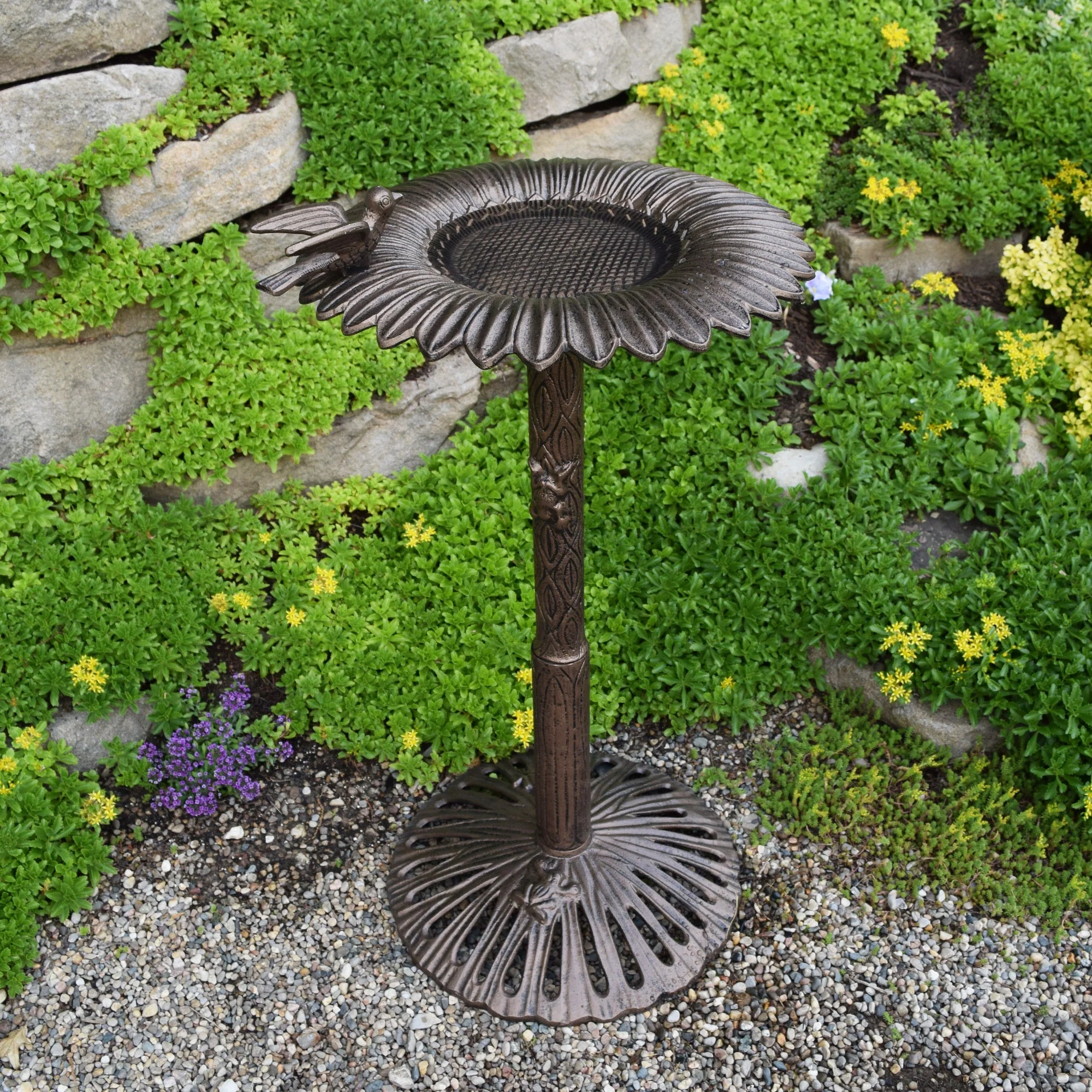 Round Cast Aluminum Metal 30-in Bird Bath with Sunflower Bowl - Image 6
