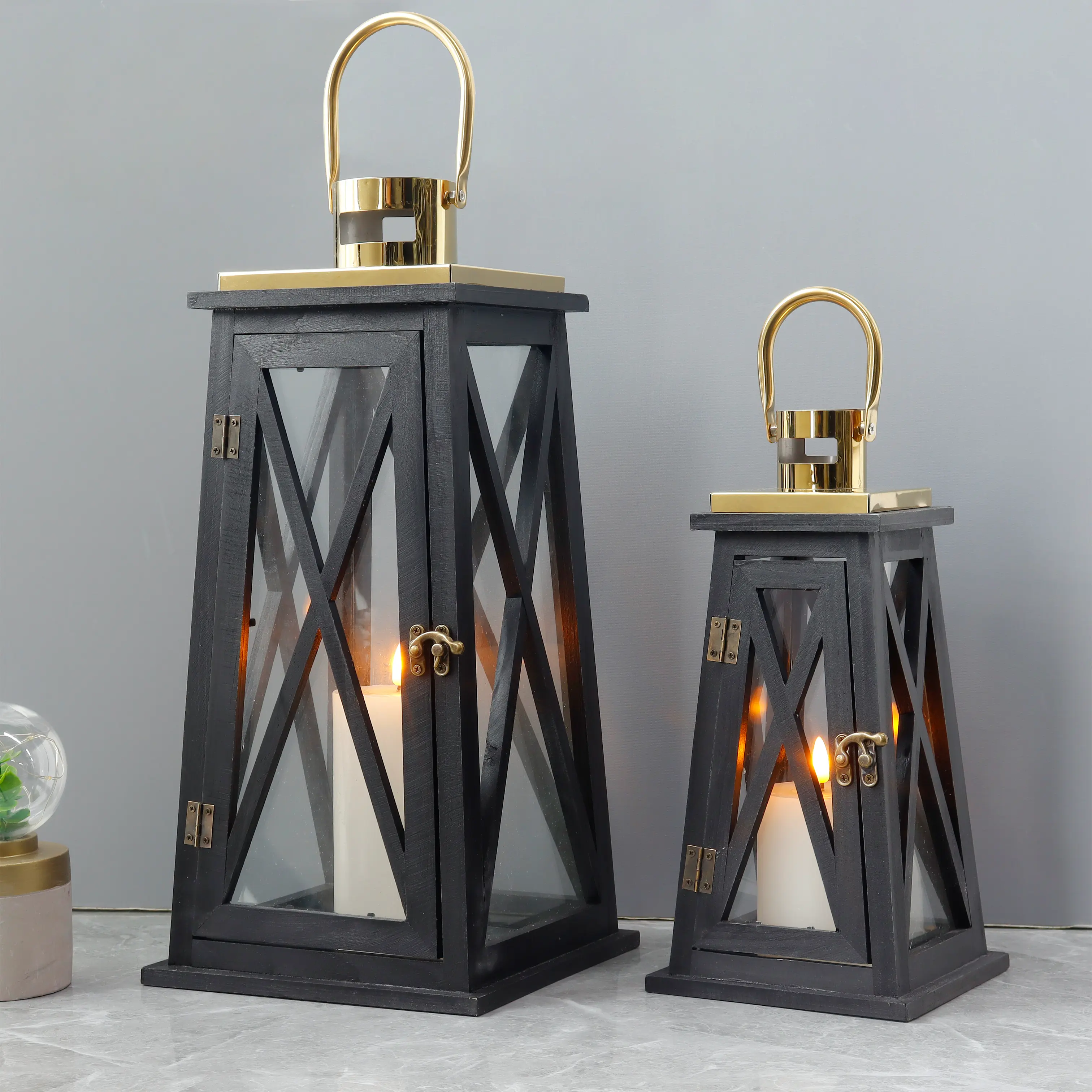 Trapezoid Farmhouse Wooden Lantern, 18"H, Set of 2 - Image 2