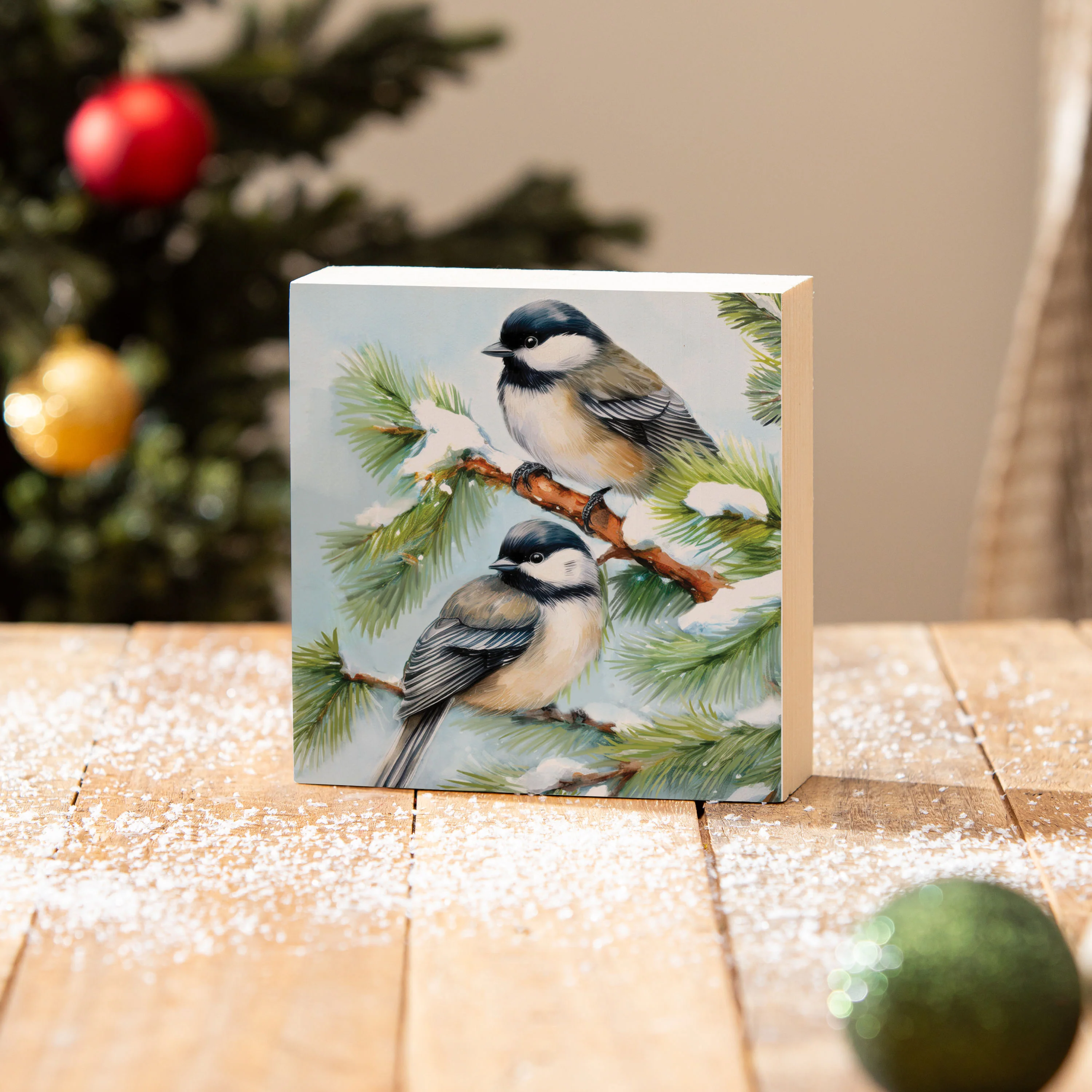 Holiday Poinsettia Chickadees Wood Sign Plock, 6"x6” - Image 2