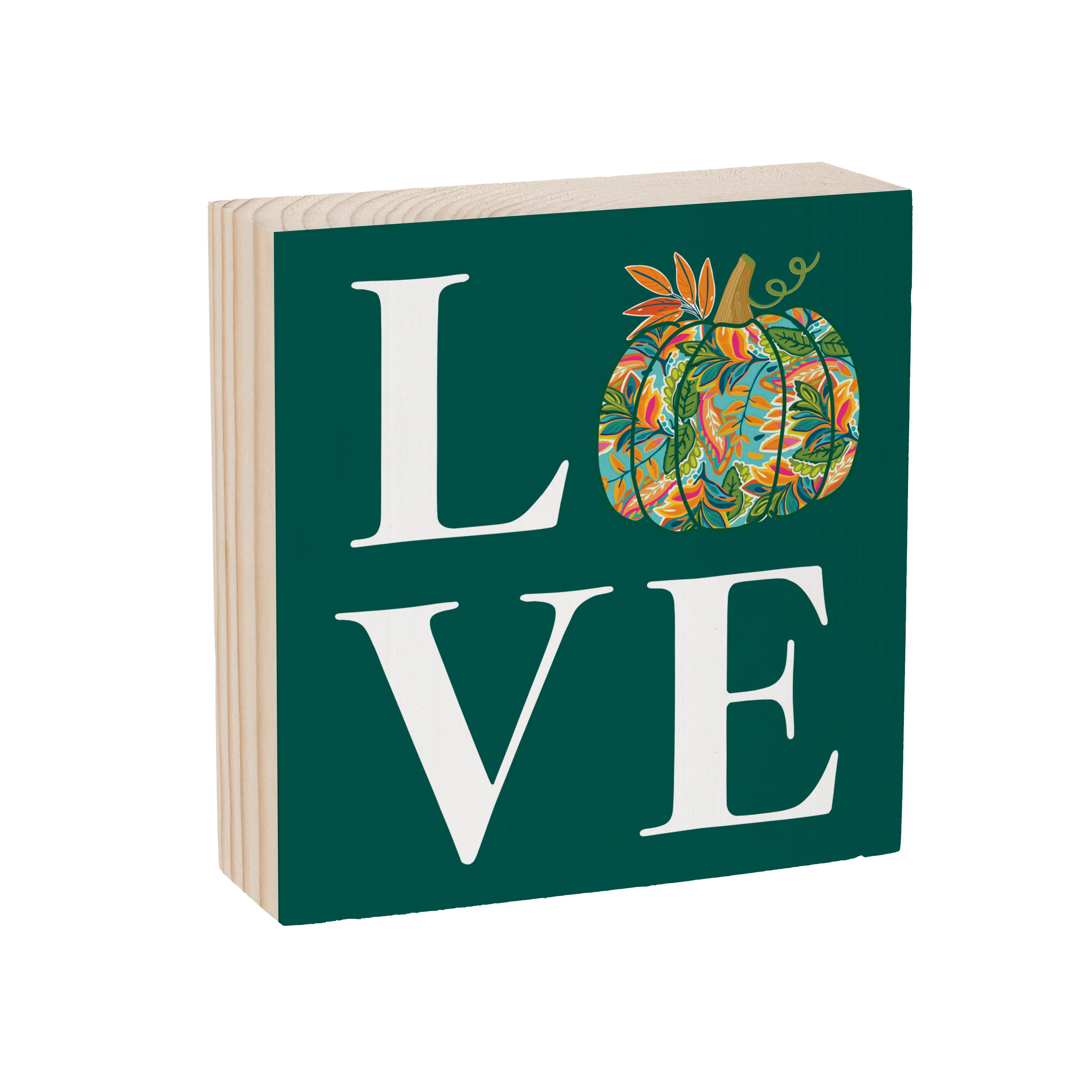 Harvest Blossom Jacobean Pumpkin Sign Wood Block, "Love", 6"x6"