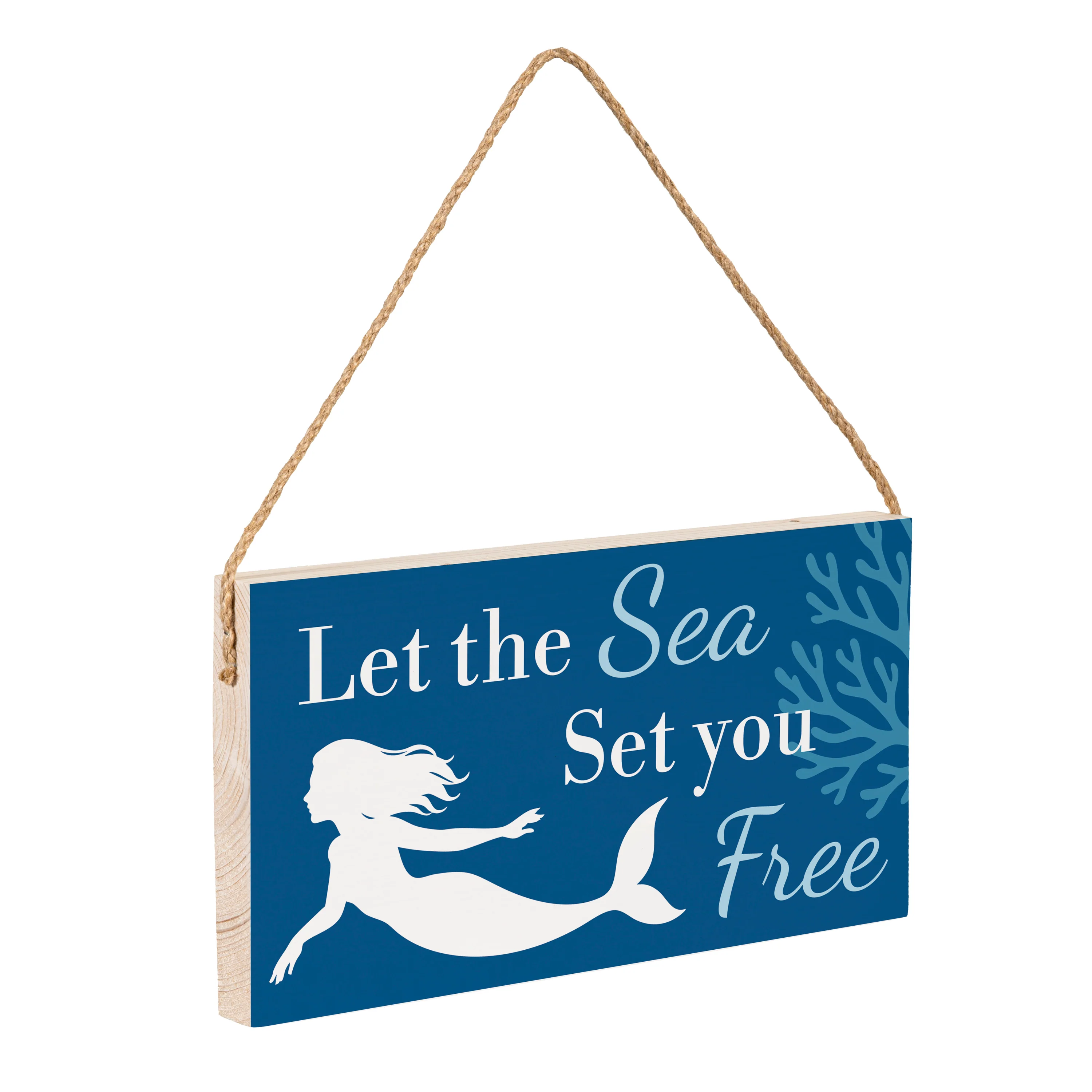 Blue Coastal Coral Sea Wood Hanging Sign w/ Rope, Mermaid "Let The Sea Set You Free", 11"x6" - Image 3