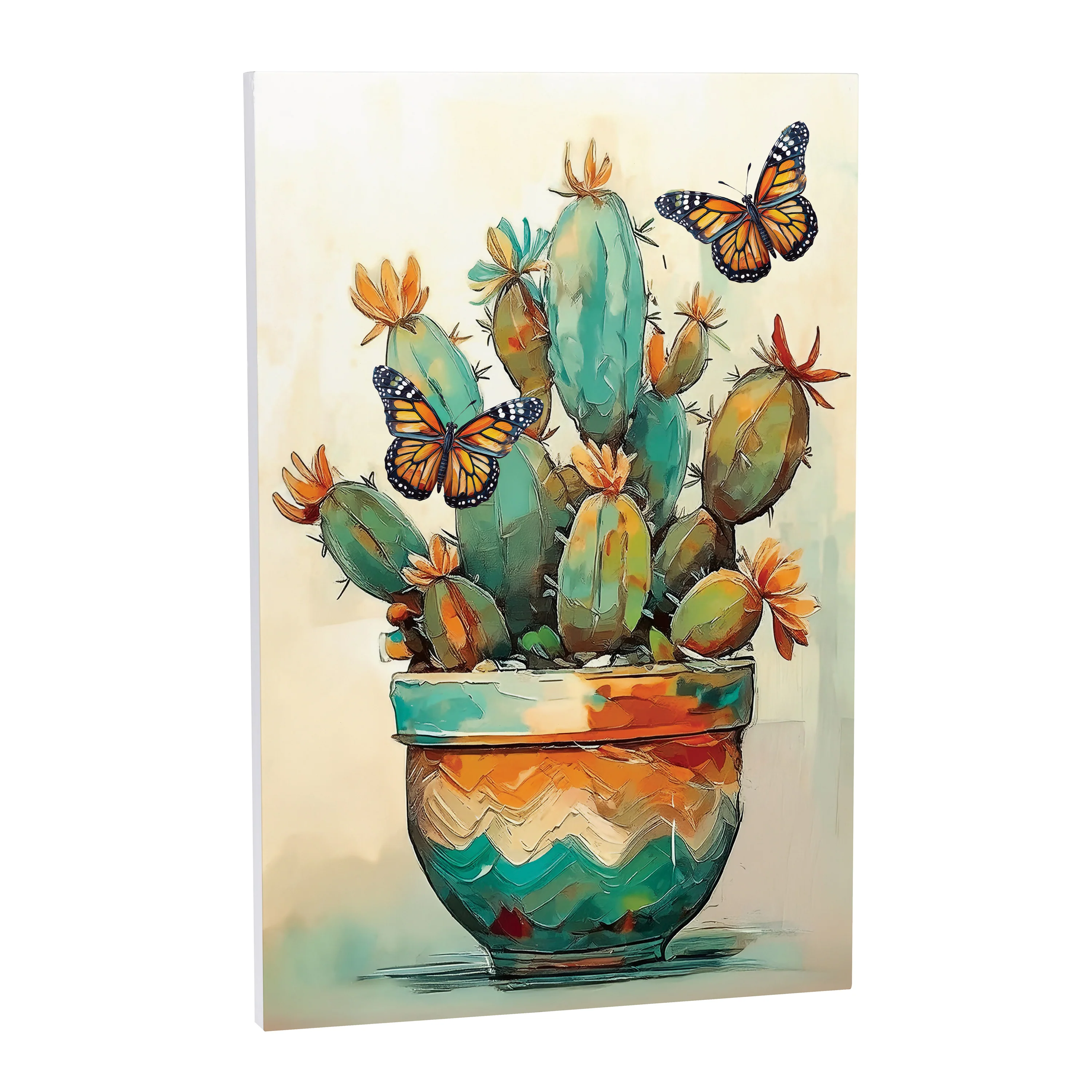 Southwest Pueblo Indoor Wall Décor, Wood, Painted Cactus and Butterfly, 24"x16" - Image 2