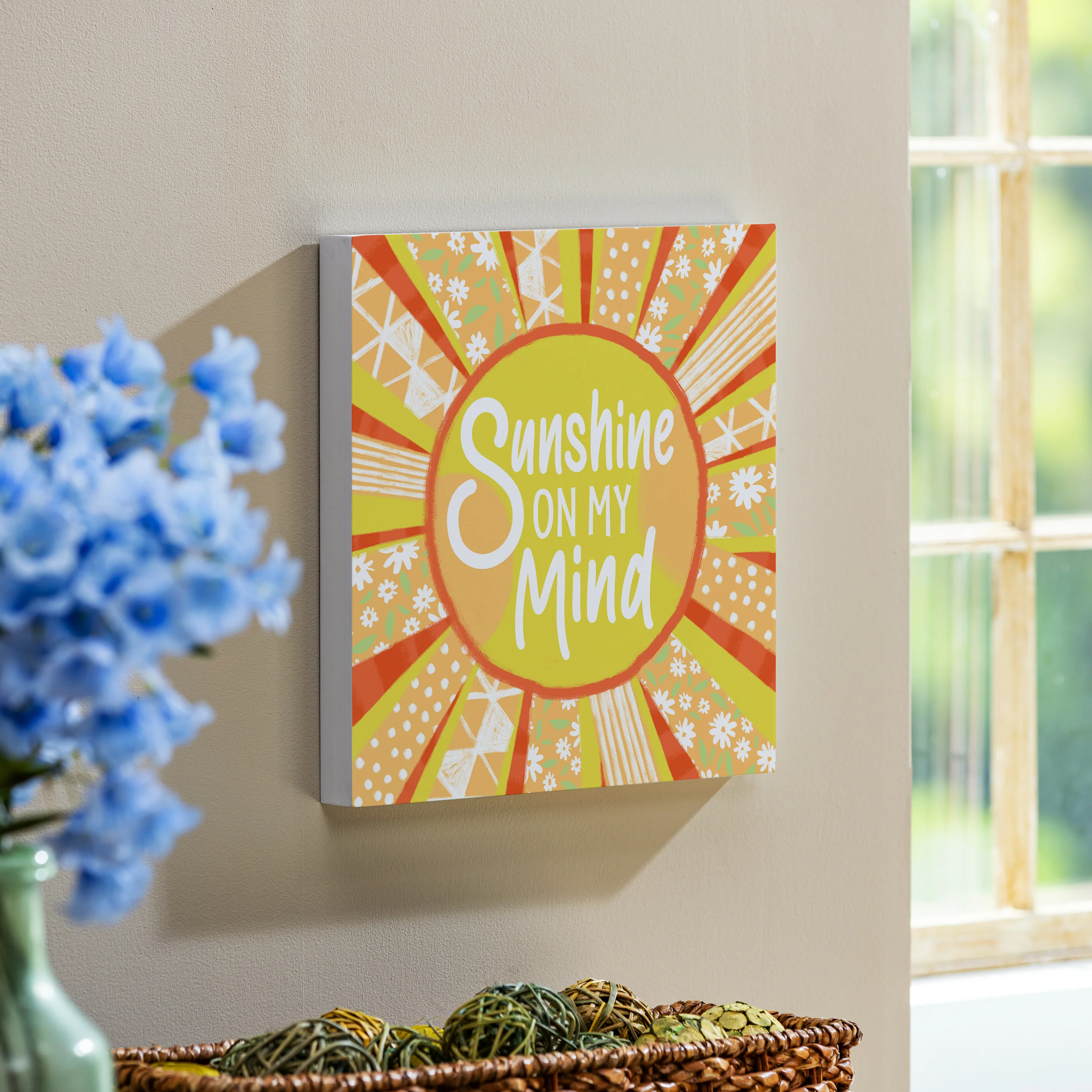 Blue Coastal Make Waves Indoor Wall Décor, Wood, Sun "Sunshine On My Mind", 12"x12"