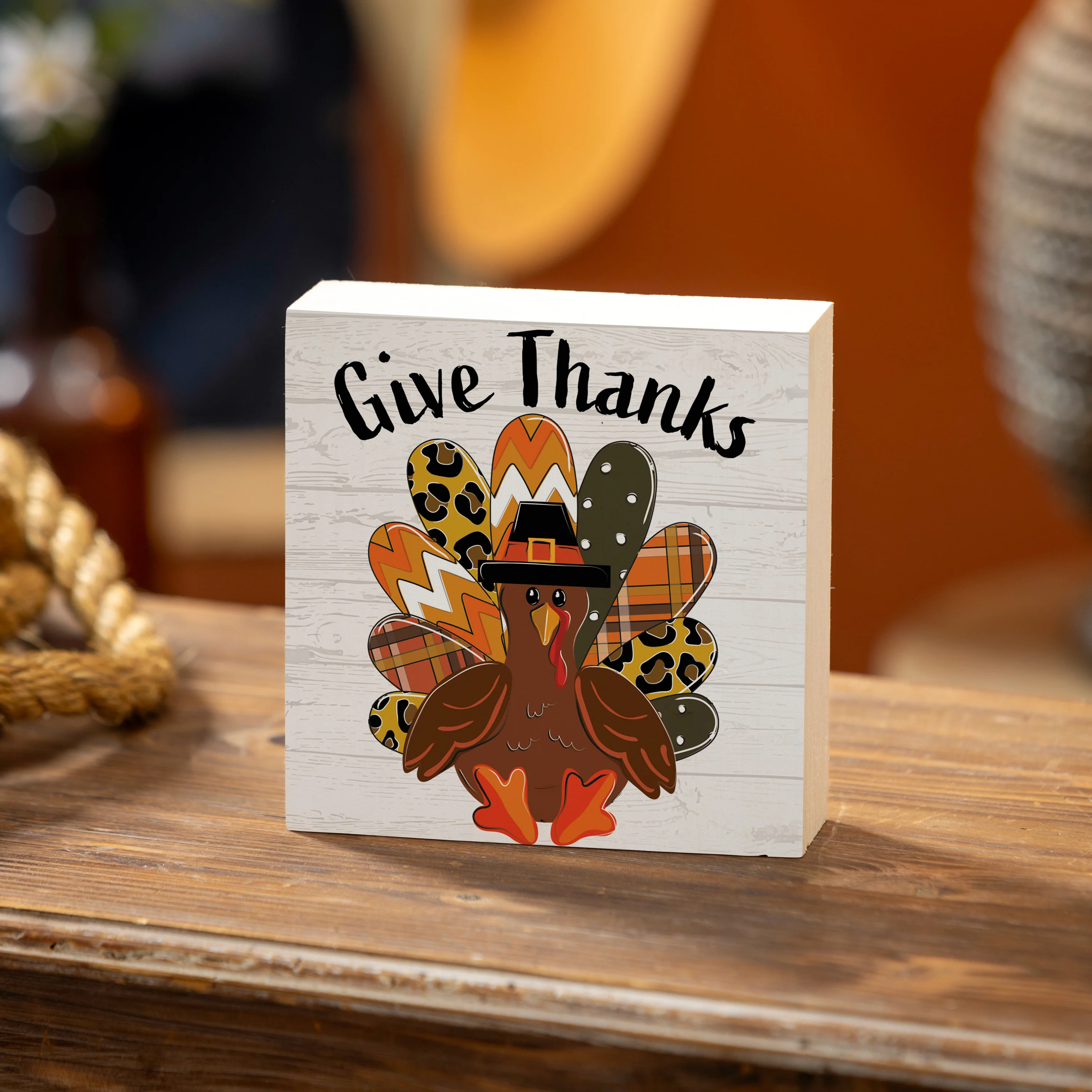 Harvest Blossom Patterned Turkey Sign Wood Block, "Give Thanks", 6"x6"