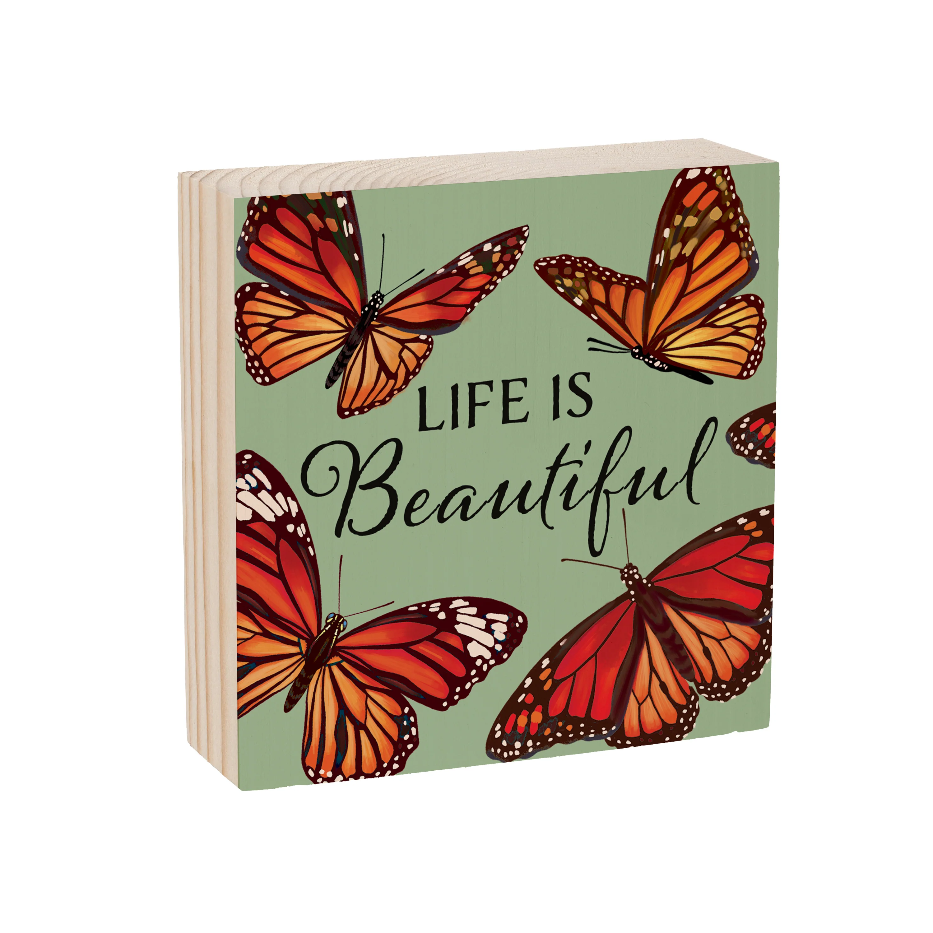 Harvest Blossom Butterfly Sign Wood Block, "Life Is Beautiful", 6"x6" - Image 2