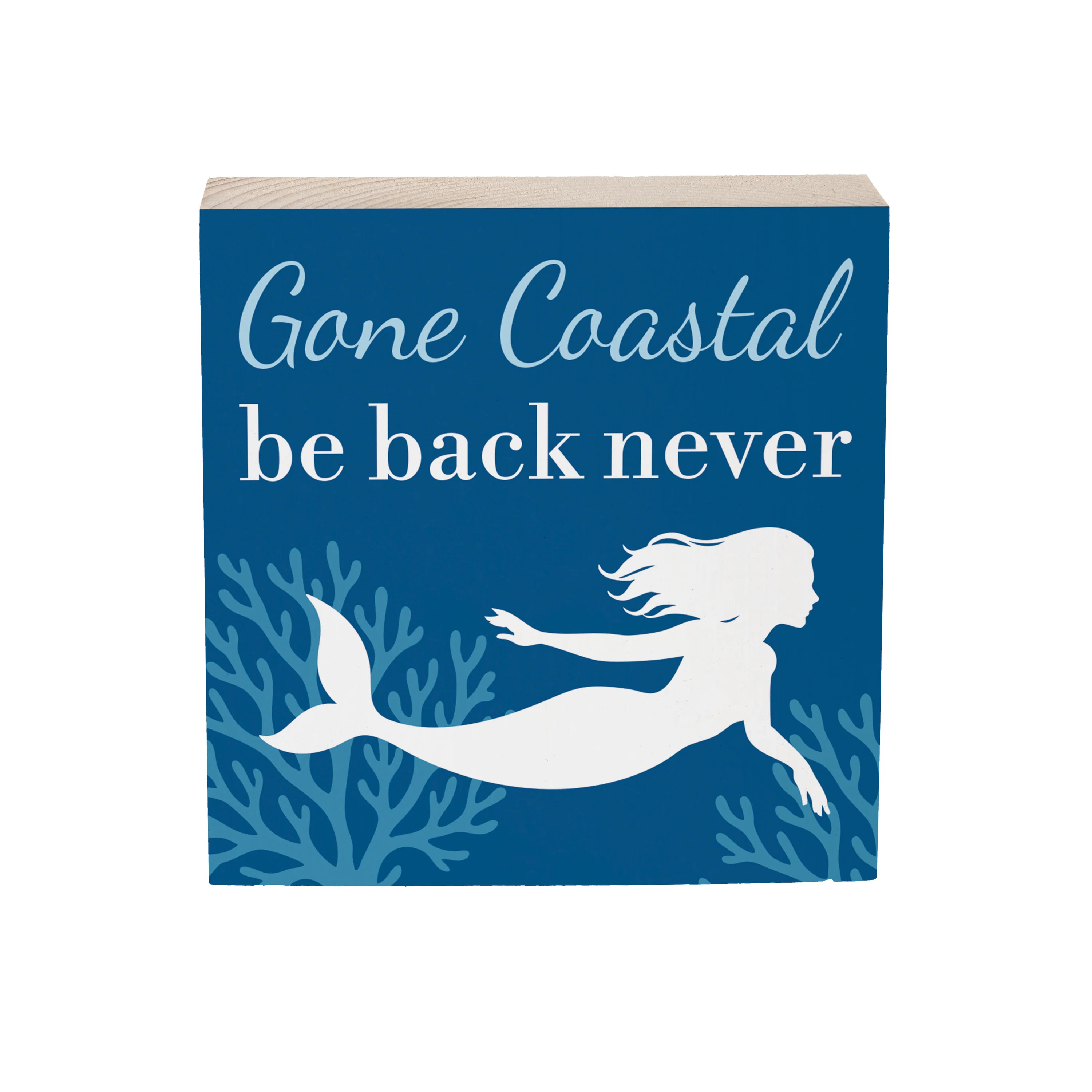Blue Coastal Coral Sea Sign Wood Block, Mermaid "Gone Coastal", 6"x6" - Image 3