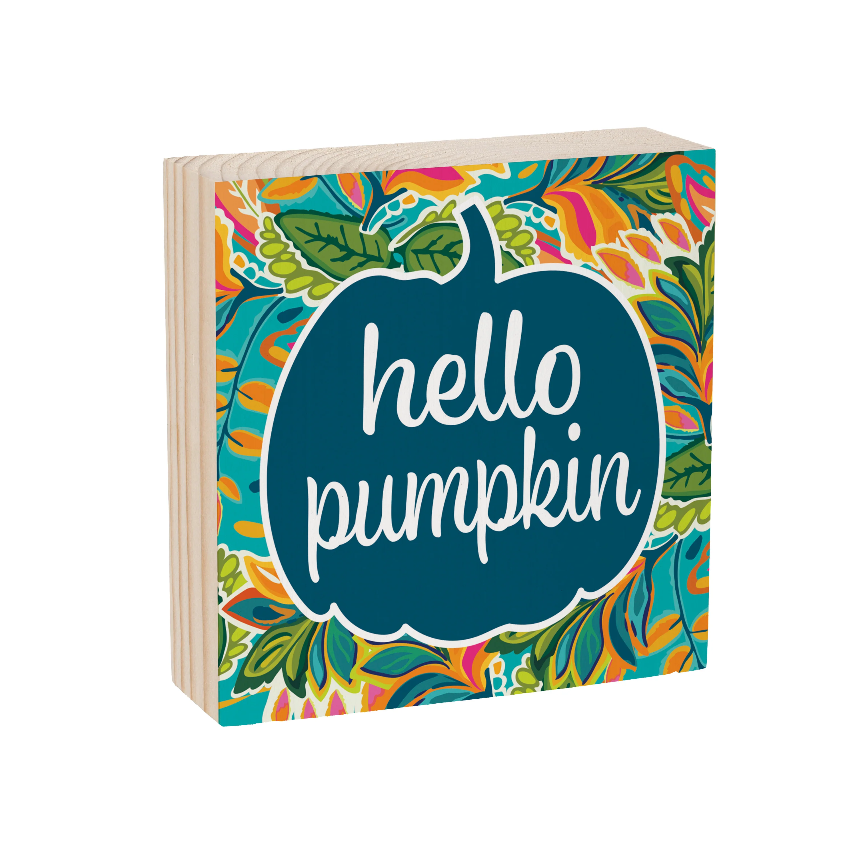 Harvest Blossom Jacobean Pumpkin Sign Wood Block, "Hello Pumpkin", 6"x6" - Image 2