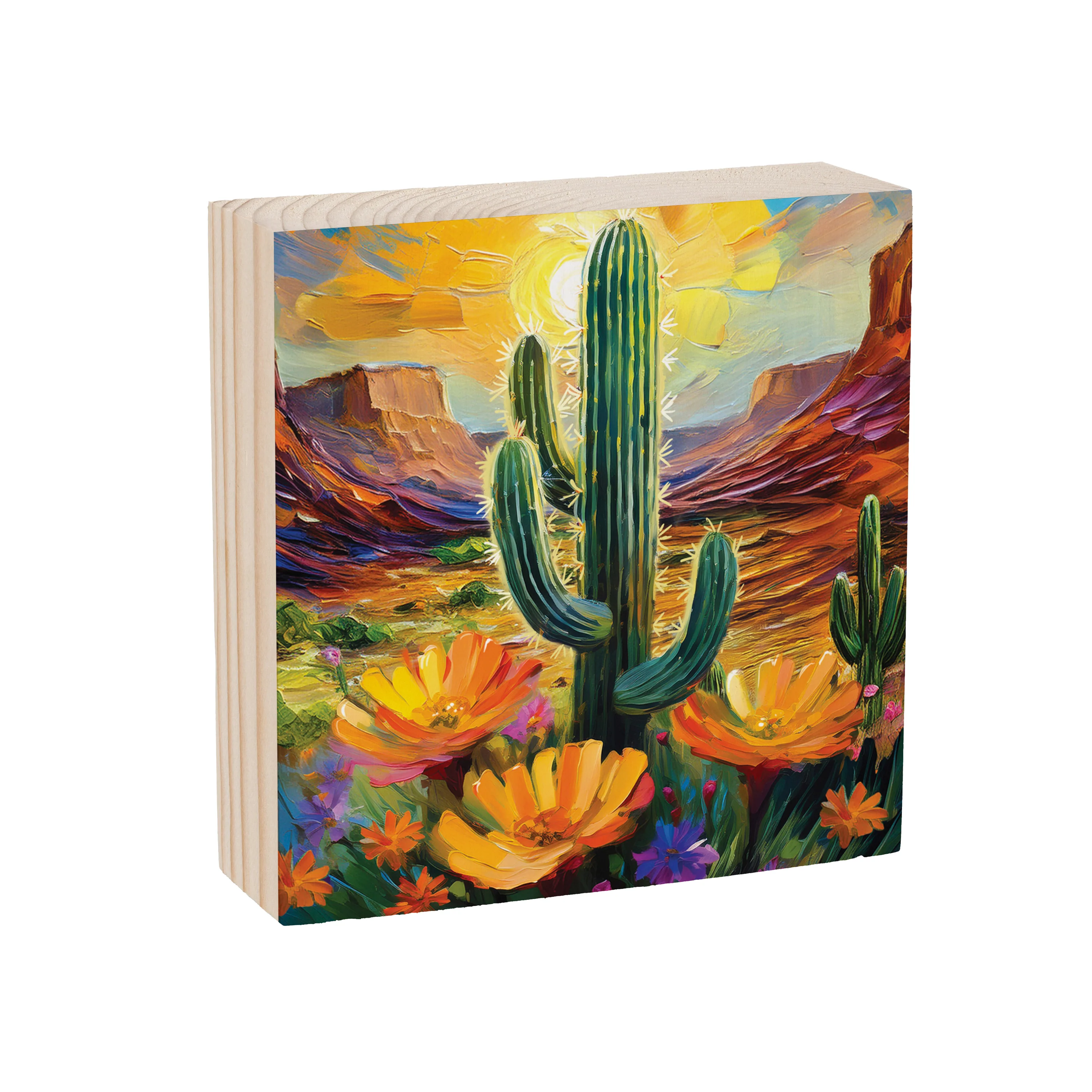 Southwest Pueblo Sign Wood Block, Desert Flower and Cactus, 6"x6" - Image 2