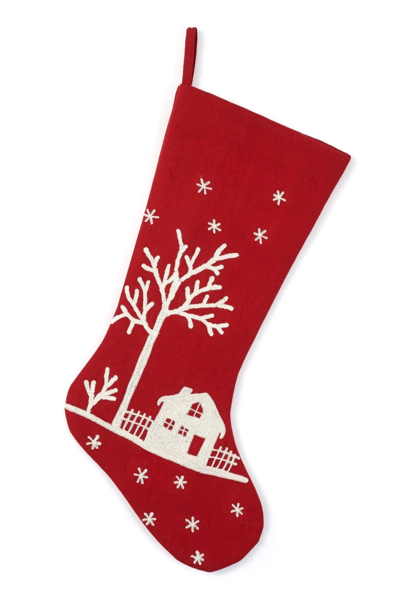 Snowy Village Embroidered Scene Red Handmade Christmas Stocking Arcadia Home - Image 3